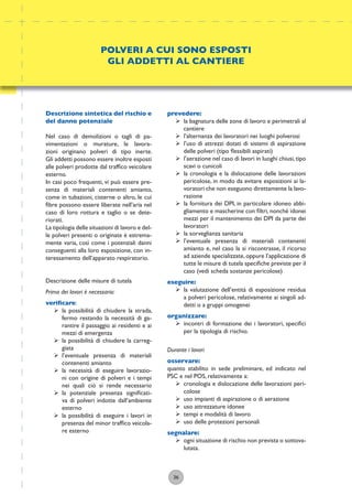 36
Descrizione sintetica del rischio e
del danno potenziale
Nel caso di demolizioni o tagli di pa-
vimentazioni o murature, le lavora-
zioni originano polveri di tipo inerte.
Gli addetti possono essere inoltre esposti
alle polveri prodotte dal trafﬁco veicolare
esterno.
In casi poco frequenti, vi può essere pre-
senza di materiali contenenti amianto,
come in tubazioni, cisterne o altro, le cui
ﬁbre possono essere liberate nell’aria nel
caso di loro rottura e taglio o se dete-
riorati.
La tipologia delle situazioni di lavoro e del-
le polveri presenti o originate è estrema-
mente varia, così come i potenziali danni
conseguenti alla loro esposizione, con in-
teressamento dell’apparato respiratorio.
Descrizione delle misure di tutela
Prima dei lavori è necessario:
veriﬁcare:
ÿ la possibilità di chiudere la strada,
fermo restando la necessità di ga-
rantire il passaggio ai residenti e ai
mezzi di emergenza
ÿ la possibilità di chiudere la carreg-
giata
ÿ l’eventuale presenza di materiali
contenenti amianto
ÿ la necessità di eseguire lavorazio-
ni con origine di polveri e i tempi
nei quali ciò si rende necessario
ÿ la potenziale presenza signiﬁcati-
va di polveri indotte dall’ambiente
esterno
ÿ la possibilità di eseguire i lavori in
presenza del minor trafﬁco veicola-
re esterno
POLVERI A CUI SONO ESPOSTI
GLI ADDETTI AL CANTIERE
prevedere:
ÿ la bagnatura delle zone di lavoro e perimetrali al
cantiere
ÿ l’alternanza dei lavoratori nei luoghi polverosi
ÿ l’uso di attrezzi dotati di sistemi di aspirazione
delle polveri (tipo ﬂessibili aspirati)
ÿ l’aerazione nel caso di lavori in luoghi chiusi,tipo
scavi o cunicoli
ÿ la cronologia e la dislocazione delle lavorazioni
pericolose, in modo da evitare esposizioni ai la-
voratori che non eseguono direttamente la lavo-
razione
ÿ la fornitura dei DPI, in particolare idoneo abbi-
gliamento e mascherine con ﬁltri, nonché idonei
mezzi per il mantenimento dei DPI da parte dei
lavoratori
ÿ la sorveglianza sanitaria
ÿ l’eventuale presenza di materiali contenenti
amianto e, nel caso la si riscontrasse, il ricorso
ad aziende specializzate, oppure l’applicazione di
tutte le misure di tutela speciﬁche previste per il
caso (vedi scheda sostanze pericolose)
eseguire:
ÿ la valutazione dell’entità di esposizione residua
a polveri pericolose, relativamente ai singoli ad-
detti o a gruppi omogenei
organizzare:
ÿ incontri di formazione dei i lavoratori, speciﬁci
per la tipologia di rischio.
Durante i lavori
osservare:
quanto stabilito in sede preliminare, ed indicato nel
PSC e nel POS, relativamente a:
ÿ cronologia e dislocazione delle lavorazioni peri-
colose
ÿ uso impianti di aspirazione o di aerazione
ÿ uso attrezzature idonee
ÿ tempi e modalità di lavoro
ÿ uso delle protezioni personali
segnalare:
ÿ ogni situazione di rischio non prevista o sottova-
lutata.
 
