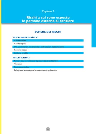 39
Capitolo 2
Rischi a cui sono esposte
le persone esterne al cantiere
SCHEDE DEI RISCHI
RISCHI INFORTUNISTICI
Cadute dall’alto
Cadute in piano
Urti con materiale movimentato o sollevato con mezzi meccanici
Incendio, scoppio
Incidente stradale
RISCHI IGIENICI
Rumore a cui sono esposte le persone esterne al cantiere
Vibrazioni
Sostanze pericolose
Polveri a cui sono esposte le persone esterne al cantiere
 