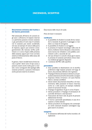 46
Descrizione sintetica del rischio e
del danno potenziale
Nel sottosuolo, all’interno di cunicoli, ne-
gli scavi o all’interno di impianti interrati
o a pavimento possono trovarsi sostanze
o gas pericolosi, di vario tipo. Il contatto
con la sostanza può essere accidentale,
nel caso ad esempio di rottura della parte
di impianto, oppure può avvenire conse-
guentemente alla mancata veriﬁca preli-
minare e in corso d’opera della presenza
della sostanza, oppure per il non corretto
sistema di allontanamento della stessa dal
posto di lavoro.
In genere,i lavori stradali hanno breve du-
rata e quindi i danni sono di tipo acuto, e
possono essere anche molto gravi o mor-
tali, e sono conseguenti alla tipologia della
sostanza presente, e possono interessare
anche persone esterne al cantiere.
INCENDIO, SCOPPIO
Descrizione delle misure di tutela
Prima dei lavori è necessario:
veriﬁcare:
ÿ la possibilità di chiudere la strada, fermo restan-
do la necessità di garantire il passaggio ai resi-
denti e ai mezzi di emergenza
ÿ la possibilità di chiudere la carreggiata
ÿ la presenza di impianti tecnologici nelle aree di
lavoro,mediante visione del posto e documenta-
zione tecnica da richiedere a enti pubblici, com-
mittenti o altri, a seconda dei casi
ÿ nel caso di lavori in cunicoli o fosse già in essere,
la presenza di sostanze pericolose al loro inter-
no, mediante gli appositi dispositivi
ÿ i contenuti del PSC nello speciﬁco
prevedere:
ÿ dove possibile, la disattivazione e/o la boniﬁca
preliminare degli impianti presenti nel luogo di
lavoro, documentata dall’ente che li gestisce
ÿ l’impiegodiidoneaattrezzaturadalavoro,conpar-
ticolareattenzionealrischiodiincendiooscoppio
ÿ l’espresso divieto di fumare o di usare ﬁamme
libere o attrezzi scintillanti
ÿ idonei sistemi documentati di boniﬁca e di man-
tenimento delle postazioni di lavoro interrate,
anche se a cielo aperto, ad esempio mediante
sistemi di aerazione forzata
ÿ l’impiego di segnalatori di gas in corso d’opera
ÿ idonee procedure e l’impiego di attrezzature di
controllo del lavoro e dei lavoratori
ÿ l’esecuzione dei lavori solo da parte di persone
debitamente formate
ÿ il ricorso a personale specializzato, in caso di si-
tuazioni a rischio elevato
ÿ idonee procedure di emergenza che contempli-
no anche eventuali situazioni coinvolgenti sog-
getti esterni al cantiere
eseguire:
ÿ la valutazione dell’entità del rischio incendio e di
esplosione
 