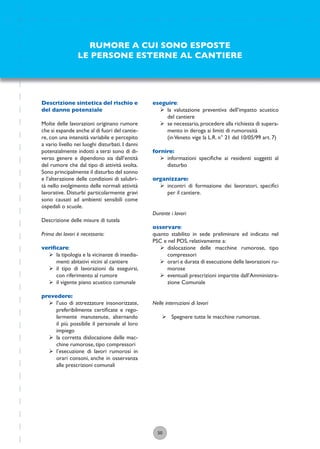 50
eseguire:
ÿ la valutazione preventiva dell’impatto acustico
del cantiere
ÿ se necessario, procedere alla richiesta di supera-
mento in deroga ai limiti di rumorosità
(inVeneto vige la L.R. n° 21 del 10/05/99 art. 7)
fornire:
ÿ informazioni speciﬁche ai residenti soggetti al
disturbo
organizzare:
ÿ incontri di formazione dei lavoratori, speciﬁci
per il cantiere.
Durante i lavori
osservare:
quanto stabilito in sede preliminare ed indicato nel
PSC e nel POS, relativamente a:
ÿ dislocazione delle macchine rumorose, tipo
compressori
ÿ orari e durata di esecuzione delle lavorazioni ru-
morose
ÿ eventuali prescrizioni impartite dall’Amministra-
zione Comunale
Nelle interruzioni di lavori
ÿ Spegnere tutte le macchine rumorose.
RUMORE A CUI SONO ESPOSTE
LE PERSONE ESTERNE AL CANTIERE
Descrizione sintetica del rischio e
del danno potenziale
Molte delle lavorazioni originano rumore
che si espande anche al di fuori del cantie-
re, con una intensità variabile e percepito
a vario livello nei luoghi disturbati. I danni
potenzialmente indotti a terzi sono di di-
verso genere e dipendono sia dall’entità
del rumore che dal tipo di attività svolta.
Sono principalmente il disturbo del sonno
e l’alterazione delle condizioni di salubri-
tà nello svolgimento delle normali attività
lavorative. Disturbi particolarmente gravi
sono causati ad ambienti sensibili come
ospedali o scuole.
Descrizione delle misure di tutela
Prima dei lavori è necessario:
veriﬁcare:
ÿ la tipologia e la vicinanze di insedia-
menti abitativi vicini al cantiere
ÿ il tipo di lavorazioni da eseguirsi,
con riferimento al rumore
ÿ il vigente piano acustico comunale
prevedere:
ÿ l’uso di attrezzature insonorizzate,
preferibilmente certiﬁcate e rego-
larmente manutenute, alternando
il più possibile il personale al loro
impiego
ÿ la corretta dislocazione delle mac-
chine rumorose, tipo compressori
ÿ l’esecuzione di lavori rumorosi in
orari consoni, anche in osservanza
alle prescrizioni comunali
 