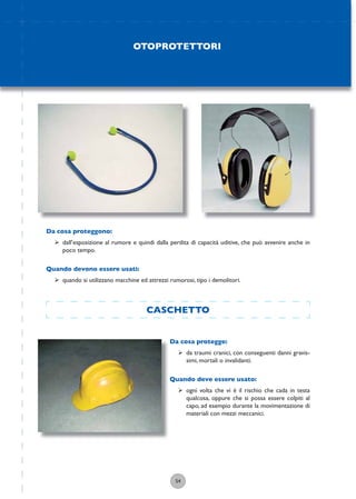 54
CASCHETTO
Da cosa protegge:
ÿ da traumi cranici, con conseguenti danni gravis-
simi, mortali o invalidanti.
Quando deve essere usato:
ÿ ogni volta che vi è il rischio che cada in testa
qualcosa, oppure che si possa essere colpiti al
capo, ad esempio durante la movimentazione di
materiali con mezzi meccanici.
Da cosa proteggono:
ÿ dall’esposizione al rumore e quindi dalla perdita di capacità uditive, che può avvenire anche in
poco tempo.
Quando devono essere usati:
ÿ quando si utilizzano macchine ed attrezzi rumorosi, tipo i demolitori.
OTOPROTETTORI
 