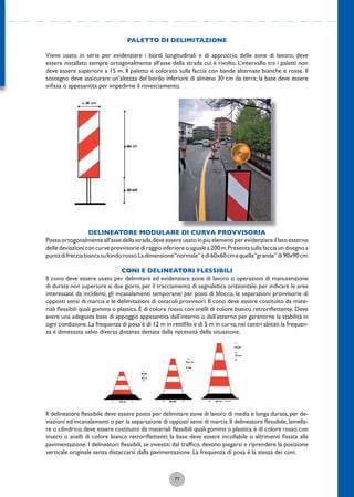 77
PALETTO DI DELIMITAZIONE
Viene usato in serie per evidenziare i bordi longitudinali e di approccio delle zone di lavoro; deve
essere installato sempre ortogonalmente all’asse della strada cui è rivolto. L’intervallo tra i paletti non
deve essere superiore a 15 m. Il paletto è colorato sulla faccia con bande alternate bianche e rosse. Il
sostegno deve assicurare un’altezza del bordo inferiore di almeno 30 cm da terra; la base deve essere
inﬁssa o appesantita per impedirne il rovesciamento.
DELINEATORE MODULARE DI CURVA PROVVISORIA
Postoortogonalmenteall’assedellastrada,deveessereusatoinpiùelementiperevidenziareillatoesterno
delledeviazioniconcurveprovvisoriediraggioinferioreougualea200m.Presentasullafacciaundisegnoa
puntadifrecciabiancasufondorosso.Ladimensione“normale”èdi60x60cmequella“grande”di90x90cm.
CONI E DELINEATORI FLESSIBILI
Il cono deve essere usato per delimitare ed evidenziare zone di lavoro o operazioni di manutenzione
di durata non superiore ai due giorni, per il tracciamento di segnaletica orizzontale, per indicare le aree
interessate da incidenti, gli incanalamenti temporanei per posti di blocco, le separazioni provvisorie di
opposti sensi di marcia e le delimitazioni di ostacoli provvisori. Il cono deve essere costituito da mate-
riali ﬂessibili quali gomma o plastica. È di colore rosso, con anelli di colore bianco retroriﬂettente. Deve
avere una adeguata base di appoggio appesantita dall’interno o dall’esterno per garantirne la stabilità in
ogni condizione.La frequenza di posa è di 12 m in rettiﬁlo e di 5 m in curva;nei centri abitati la frequen-
za è dimezzata salvo diversa distanza dettata dalla necessità della situazione.
Il delineatore ﬂessibile deve essere posto per delimitare zone di lavoro di media e lunga durata, per de-
viazioni ed incanalamenti o per la separazione di opposti sensi di marcia.Il delineatore ﬂessibile,lamella-
re o cilindrico,deve essere costituito da materiali ﬂessibili quali gomma o plastica;è di colore rosso con
inserti o anelli di colore bianco retroriﬂettenti; la base deve essere incollabile o altrimenti ﬁssata alla
pavimentazione. I delineatori ﬂessibili, se investiti dal trafﬁco, devono piegarsi e riprendere la posizione
verticale originale senza distaccarsi dalla pavimentazione. La frequenza di posa è la stessa dei coni.
 