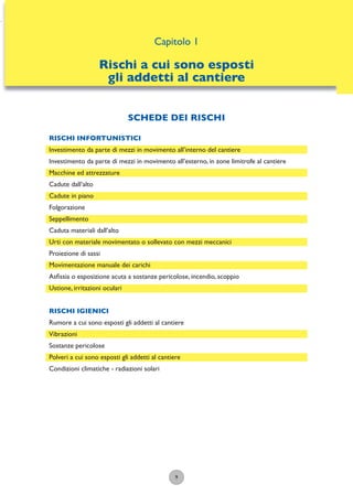 9
RISCHI INFORTUNISTICI
Investimento da parte di mezzi in movimento all’interno del cantiere
Investimento da parte di mezzi in movimento all’esterno, in zone limitrofe al cantiere
Macchine ed attrezzature
Cadute dall’alto
Cadute in piano
Folgorazione
Seppellimento
Caduta materiali dall’alto
Urti con materiale movimentato o sollevato con mezzi meccanici
Proiezione di sassi
Movimentazione manuale dei carichi
Asﬁssia o esposizione acuta a sostanze pericolose, incendio, scoppio
Ustione, irritazioni oculari
RISCHI IGIENICI
Rumore a cui sono esposti gli addetti al cantiere
Vibrazioni
Sostanze pericolose
Polveri a cui sono esposti gli addetti al cantiere
Condizioni climatiche - radiazioni solari
Capitolo 1
Rischi a carico degli addetti al cantiere
Capitolo 1
Rischi a cui sono esposti
gli addetti al cantiere
SCHEDE DEI RISCHI
 