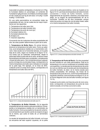 182
Psicrometría
turas están en grados centígrados; el volumen en m³/kg;
la humedad relativa en porcentajes; el contenido de
humedad en g/kg aire seco; la entalpía y la entropía están
en kilo Joules (kJ) por kg de aire seco. Un kJ/kg = 0.239
kcal/kg = 0.430 btu/lb.
En una carta psicrométrica se encuentran todas las
propiedades del aire, de las cuales las de mayor impor-
tancia son las siguientes:
1. Temperatura de bulbo seco (bs).
2. Temperatura de bulbo húmedo (bh).
3. Temperatura de punto de rocío (pr)
4. Humedad relativa (hr).
5. Humedad absoluta (ha).
6. Entalpía (h).
7. Volumen específico.
Conociendo dos de cualquiera de estas propiedades del
aire, las otras pueden determinarse a partir de la carta.
1. Temperatura de Bulbo Seco.- En primer término,
tenemos la temperatura de bulbo seco. Como ya sabe-
mos, es la temperatura medida con un termómetro ordi-
nario. Esta escala es la horizontal (abcisa), en la parte
baja de la carta, según se muestra en la figura 13.12.
Las líneas que se extienden verticalmente, desde la
parte baja hasta la parte alta de la carta, se llaman líneas
de temperatura de bulbo seco constantes, o simplemente
«líneas de bulbo seco». Son constantes porque cualquier
punto a lo largo de una de estas líneas, corresponde a la
misma temperatura de bulbo seco indicada en la escala
de la parte baja. Por ejemplo, en la línea de 40o
C,
cualquier punto a lo largo de la misma, corresponde a la
temperatura de bulbo seco de 40o
C.
curva de la carta psicrométrica, como se muestra en la
figura 13.13. Las líneas de temperatura de bulbo húmedo
constantes o líneas de bulbo húmedo, corren
diagonalmente de izquierda a derecha y de arriba hacia
abajo, en un ángulo de aproximadamente 30o
de la
horizontal. También se les dice constantes, porque
todos los puntos a lo largo de una de estas líneas, están
a la misma temperatura de bulbo húmedo.
2. Temperatura de Bulbo Húmedo.- Es la segunda
propiedaddelairedenuestracartapsicrométrica.Corres-
ponde a la temperatura medida con un termómetro de
bulbo húmedo. Como ya se explicó en la sección anterior,
es la temperatura que resulta cuando se evapora el agua
de la mecha, que cubre el bulbo de un termómetro
ordinario.
La escala de temperaturas de bulbo húmedo, es la que
se encuentra del lado superior izquierdo, en la parte
Figura 13.12 - Líneas de temperatura de bulbo seco o
C.
Figura 13.13 - Líneas de temperatura de bulbo húmedo o
C.
Figura 13.14 - Líneas de temperatura de punto de rocío o
C.
3. Temperatura de Punto de Rocío.- Es otra propiedad
de aire incluida en una carta psicrométrica. Esta es la
temperatura a la cual se condensará la humedad sobre
una superficie. La escala para las temperaturas de punto
de rocío es idéntica que la escala para las temperaturas
de bulbo húmedo; es decir, es la misma escala para
ambas propiedades. Sin embargo, las líneas de la
temperaturadepuntoderocío,correnhorizontalmentede
izquierda a derecha, como se ilustra en la figura 13.14, no
en forma diagonal como las de bulbo húmedo (ver figura
13.13).
Cualquier punto sobre una línea de punto de rocío cons-
tante, corresponde a la temperatura de punto de rocío
sobre la escala, en la línea curva de la carta.
 