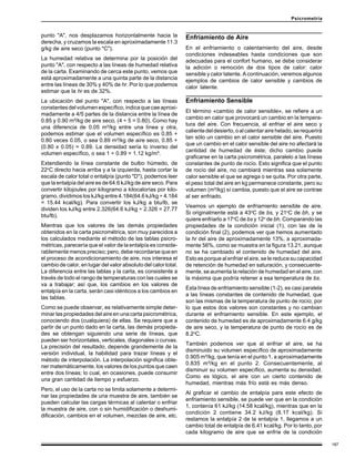 187
Psicrometría
punto "A", nos desplazamos horizontalmente hacia la
derecha, y cruzamos la escala en aproximadamente 11.3
g/kg de aire seco (punto "C").
La humedad relativa se determina por la posición del
punto "A", con respecto a las líneas de humedad relativa
de la carta. Examinando de cerca este punto, vemos que
está aproximadamente a una quinta parte de la distancia
entre las líneas de 30% y 40% de hr. Por lo que podemos
estimar que la hr es de 32%.
La ubicación del punto "A", con respecto a las líneas
constantesdelvolumenespecífico,indicaquecaeaproxi-
madamente a 4/5 partes de la distancia entre la línea de
0.85 y 0.90 m³/kg de aire seco, (4 ÷ 5 = 0.80). Como hay
una diferencia de 0.05 m³/kg entre una línea y otra,
podemos estimar que el volumen específico es 0.85 +
0.80 veces 0.05, o sea 0.89 m³/kg de aire seco, 0.85 +
(0.80 x 0.05) = 0.89. La densidad sería lo inverso del
volumen específico, o sea 1 ÷ 0.89 = 1.12 kg/m³.
Extendiendo la línea constante de bulbo húmedo, de
22o
C directo hacia arriba y a la izquierda, hasta cortar la
escala de calor total o entalpía (punto "D"), podemos leer
que la entalpía del aire es de 64.6 kJ/kg de aire seco. Para
convertir kilojoules por kilogramo a kilocalorías por kilo-
gramo, dividimos los kJ/kg entre 4.184(64.6 kJ/kg ÷ 4.184
= 15.44 kcal/kg). Para convertir los kJ/kg a btu/lb, se
dividen los kJ/kg entre 2.326(64.6 kJ/kg ÷ 2.326 = 27.77
btu/lb).
Mientras que los valores de las demás propiedades
obtenidos en la carta psicrométrica, son muy parecidos a
los calculados mediante el método de las tablas psicro-
métricas, parecería que el valor de la entalpía es conside-
rablemente menos preciso; pero, debe recordarse que en
el proceso de acondicionamiento de aire, nos interesa el
cambio de calor, en lugar del valor absoluto del calor total.
La diferencia entre las tablas y la carta, es consistente a
través de todo el rango de temperaturas con las cuales se
va a trabajar; así que, los cambios en los valores de
entalpía en la carta, serán casi idénticos a los cambios en
las tablas.
Como se puede observar, es relativamente simple deter-
minar las propiedades del aire en una carta psicrométrica,
conociendo dos (cualquiera) de ellas. Se requiere que a
partir de un punto dado en la carta, las demás propieda-
des se obtengan siguiendo una serie de líneas, que
pueden ser horizontales, verticales, diagonales o curvas.
La precisión del resultado, depende grandemente de la
versión individual, la habilidad para trazar líneas y el
método de interpolación. La interpolación significa obte-
ner matemáticamente, los valores de los puntos que caen
entre dos líneas; lo cual, en ocasiones, puede consumir
una gran cantidad de tiempo y esfuerzo.
Pero, el uso de la carta no se limita solamente a determi-
nar las propiedades de una muestra de aire, también se
pueden calcular las cargas térmicas al calentar o enfriar
la muestra de aire, con o sin humidificación o deshumi-
dificación, cambios en el volumen, mezclas de aire, etc.
Enfriamiento de Aire
En el enfriamiento o calentamiento del aire, desde
condiciones indeseables hasta condiciones que son
adecuadas para el confort humano, se debe considerar
la adición o remoción de dos tipos de calor: calor
sensible y calor latente. A continuación, veremos algunos
ejemplos de cambios de calor sensible y cambios de
calor latente.
Enfriamiento Sensible
El término «cambio de calor sensible», se refiere a un
cambio en calor que provocará un cambio en la tempera-
tura del aire. Con frecuencia, al enfriar el aire seco y
calientedeldesierto,oalcalentarairehelado,serequerirá
tan sólo un cambio en el calor sensible del aire. Puesto
que un cambio en el calor sensible del aire no afectará la
cantidad de humedad de éste; dicho cambio puede
graficarse en la carta psicrométrica, paralelo a las líneas
constantes de punto de rocío. Esto significa que el punto
de rocío del aire, no cambiará mientras sea solamente
calor sensible el que se agrega o se quita. Por otra parte,
el peso total del aire en kg permanece constante, pero su
volumen (m³/kg) sí cambia, puesto que el aire se contrae
al ser enfriado.
Veamos un ejemplo de enfriamiento sensible de aire.
Si originalmente está a 43o
C de bs, y 21o
C de bh, y se
quiere enfriarlo a 17o
C de bs y 12o
de bh. Comparando las
propiedades de la condición inicial (1), con las de la
condición final (2), podemos ver que hemos aumentado
la hr del aire de aproximadamente 13%, a aproximada-
mente 56%, como se muestra en la figura 13.21, aunque
no se ha cambiado el contenido de humedad del aire.
Esto es porque al enfriar el aire, se le reduce su capacidad
de retención de humedad en saturación, y consecuente-
mente, se aumenta la relación de humedad en el aire, con
la máxima que podría retener a esa temperatura de bs.
Esta línea de enfriamiento sensible (1-2), es casi paralela
a las líneas constantes de contenido de humedad, que
son las mismas de la temperatura de punto de rocío; por
lo que estos dos valores son constantes y no cambian
durante el enfriamiento sensible. En este ejemplo, el
contenido de humedad es de aproximadamente 6.4 g/kg
de aire seco, y la temperatura de punto de rocío es de
8.2o
C.
También podemos ver que al enfriar el aire, se ha
disminuido su volumen específico de aproximadamente
0.905 m³/kg, que tenía en el punto 1, a aproximadamente
0.835 m³/kg en el punto 2. Consecuentemente, al
disminuir su volumen específico, aumenta su densidad.
Como es lógico, el aire con un cierto contenido de
humedad, mientras más frío está es más denso.
Al graficar el cambio de entalpía para este efecto de
enfriamiento sensible, se puede ver que en la condición
1, contenía 61 kJ/kg (14.58 kcal/kg), mientras que en la
condición 2 contiene 34.2 kJ/kg (8.17 kcal/kg). Si
restamos la entalpía 2 de la entalpía 1, llegamos a un
cambio total de entalpía de 6.41 kcal/kg. Por lo tanto, por
cada kilogramo de aire que se enfríe de la condición
 