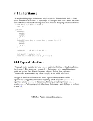 9.1 Inheritance
 In our pseudo language, we formulate inheritance with ``inherits from''. In C++ these
words are replaced by a colon. As an example let's design a class for 3D points. Of course
we want to reuse our already existing class Point. We start designing our class as follows:
  class Point3D : public Point {
    int _z;

  public:
    Point3D() {
      setX(0);
      setY(0);
      _z = 0;
    }
    Point3D(const int x, const int y, const int z) {
      setX(x);
      setY(y);
      _z = z;
    }

     ~Point3D() { /* Nothing to do */ }

     int getZ() { return _z; }
     void setZ(const int val) { _z = val; }
  };


9.1.1 Types of Inheritance
  You might notice again the keyword public used in the first line of the class definition
(its signature). This is necessary because C++ distinguishes two types of inheritance:
public and private. As a default, classes are privately derived from each other.
Consequently, we must explicitly tell the compiler to use public inheritance.

The type of inheritance influences the access rights to elements of the various
superclasses. Using public inheritance, everything which is declared private in a
superclass remains private in the subclass. Similarly, everything which is public
remains public. When using private inheritance the things are quite different as is shown
in table 9.1.




                        Table 9.1: Access rights and inheritance.
 