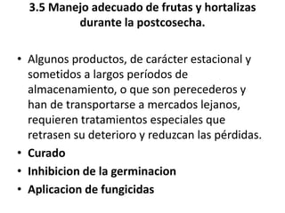3.5 Manejo adecuado de frutas y hortalizas
durante la postcosecha.
• Algunos productos, de carácter estacional y
sometidos a largos períodos de
almacenamiento, o que son perecederos y
han de transportarse a mercados lejanos,
requieren tratamientos especiales que
retrasen su deterioro y reduzcan las pérdidas.
• Curado
• Inhibicion de la germinacion
• Aplicacion de fungicidas
 