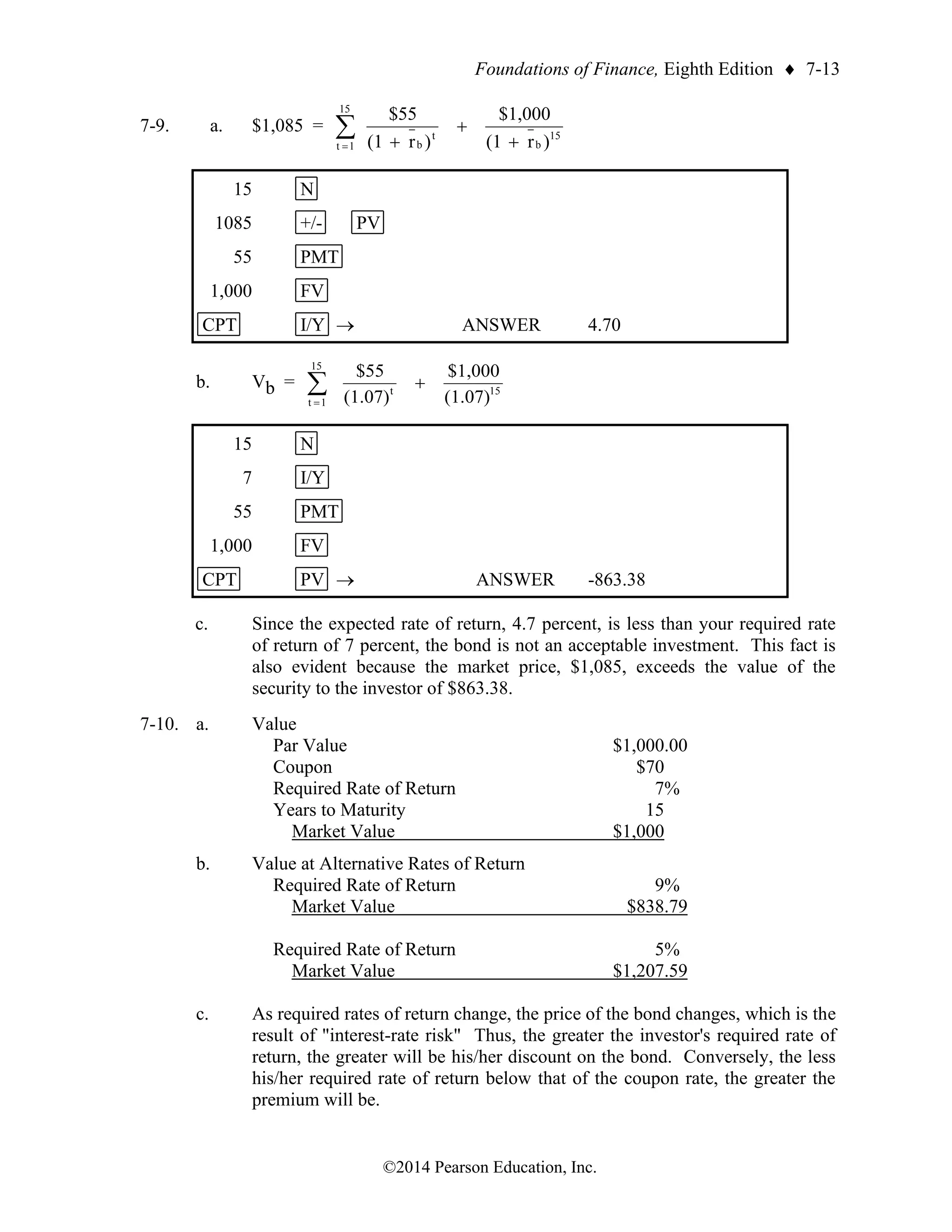 Foundations of Finance, Eighth Edition  7-13
©2014 Pearson Education, Inc.
7-9. a. $1,085 = 
= +
+
+
15
1
t
15
b
t
b )
r
(1
$1,000
)
r
(1
$55
15 N
1085 +/- PV
55 PMT
1,000 FV
CPT I/Y → ANSWER 4.70
b. Vb = 
=
+
15
1
t
15
t
(1.07)
$1,000
(1.07)
$55
15 N
7 I/Y
55 PMT
1,000 FV
CPT PV → ANSWER -863.38
c. Since the expected rate of return, 4.7 percent, is less than your required rate
of return of 7 percent, the bond is not an acceptable investment. This fact is
also evident because the market price, $1,085, exceeds the value of the
security to the investor of $863.38.
7-10. a. Value
Par Value $1,000.00
Coupon $70
Required Rate of Return 7%
Years to Maturity 15
Market Value $1,000
b. Value at Alternative Rates of Return
Required Rate of Return 9%
Market Value $838.79
Required Rate of Return 5%
Market Value $1,207.59
c. As required rates of return change, the price of the bond changes, which is the
result of "interest-rate risk" Thus, the greater the investor's required rate of
return, the greater will be his/her discount on the bond. Conversely, the less
his/her required rate of return below that of the coupon rate, the greater the
premium will be.
 