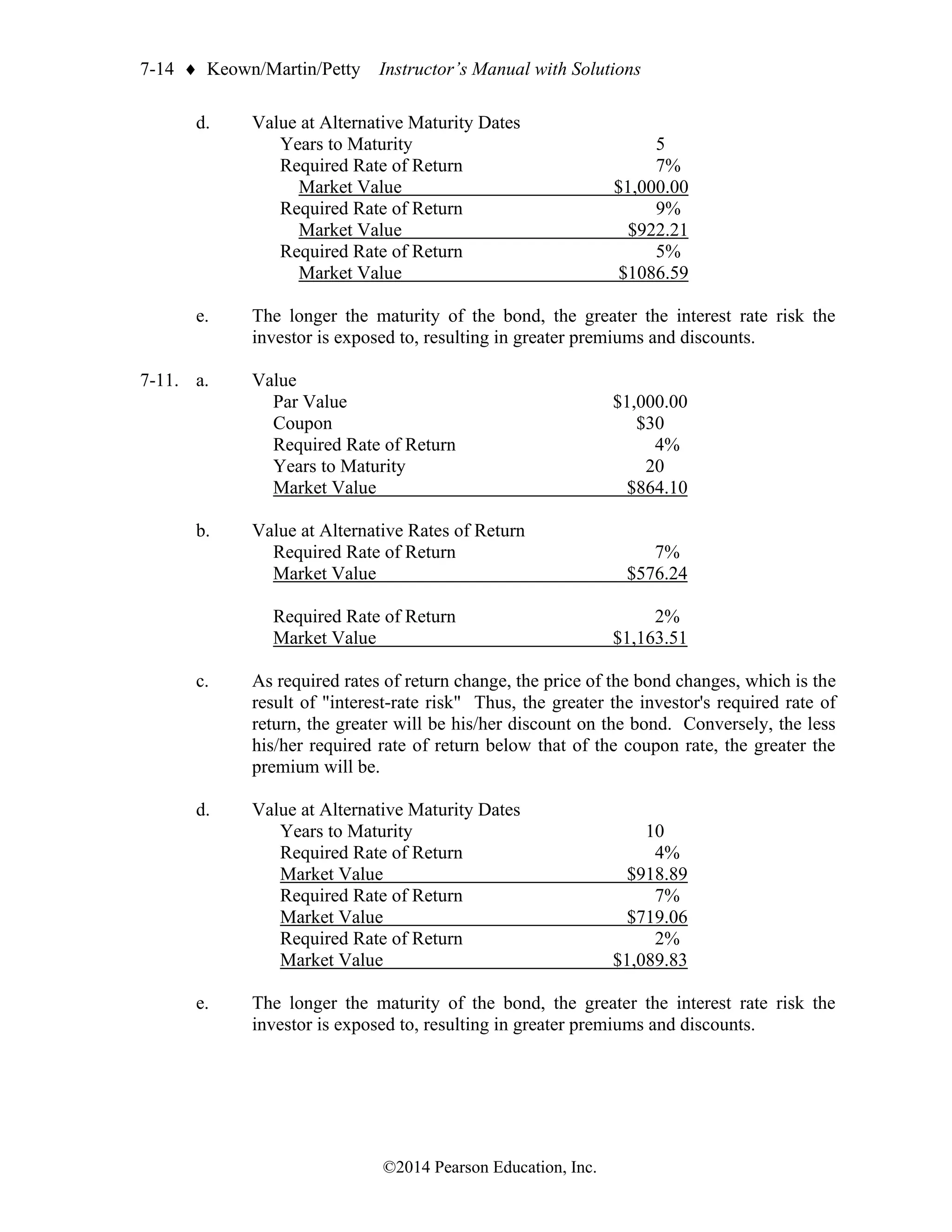 7-14  Keown/Martin/Petty Instructor’s Manual with Solutions
©2014 Pearson Education, Inc.
d. Value at Alternative Maturity Dates
Years to Maturity 5
Required Rate of Return 7%
Market Value $1,000.00
Required Rate of Return 9%
Market Value $922.21
Required Rate of Return 5%
Market Value $1086.59
e. The longer the maturity of the bond, the greater the interest rate risk the
investor is exposed to, resulting in greater premiums and discounts.
7-11. a. Value
Par Value $1,000.00
Coupon $30
Required Rate of Return 4%
Years to Maturity 20
Market Value $864.10
b. Value at Alternative Rates of Return
Required Rate of Return 7%
Market Value $576.24
Required Rate of Return 2%
Market Value $1,163.51
c. As required rates of return change, the price of the bond changes, which is the
result of "interest-rate risk" Thus, the greater the investor's required rate of
return, the greater will be his/her discount on the bond. Conversely, the less
his/her required rate of return below that of the coupon rate, the greater the
premium will be.
d. Value at Alternative Maturity Dates
Years to Maturity 10
Required Rate of Return 4%
Market Value $918.89
Required Rate of Return 7%
Market Value $719.06
Required Rate of Return 2%
Market Value $1,089.83
e. The longer the maturity of the bond, the greater the interest rate risk the
investor is exposed to, resulting in greater premiums and discounts.
 