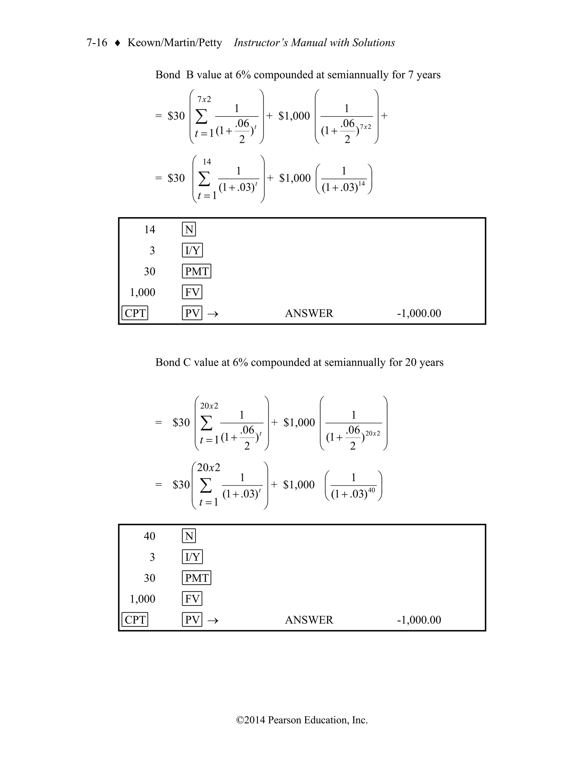 7-16  Keown/Martin/Petty Instructor’s Manual with Solutions
©2014 Pearson Education, Inc.
Bond B value at 6% compounded at semiannually for 7 years
= $30












+
=
 t
t
x
)
2
06
.
1
(
1
1
2
7
+ $1,000












+ 2
7
)
2
06
.
1
(
1
x
+
= $30










+
=
 t
t
)
03
.
1
(
1
1
14
+ $1,000 







+ 14
)
03
.
1
(
1
14 N
3 I/Y
30 PMT
1,000 FV
CPT PV → ANSWER -1,000.00
Bond C value at 6% compounded at semiannually for 20 years
= $30












+
=
 t
t
x
)
2
06
.
1
(
1
1
2
20
+ $1,000












+ 2
20
)
2
06
.
1
(
1
x
= $30










+
=
 t
t
x
)
03
.
1
(
1
1
2
20
+ $1,000 







+ 40
)
03
.
1
(
1
40 N
3 I/Y
30 PMT
1,000 FV
CPT PV → ANSWER -1,000.00
 