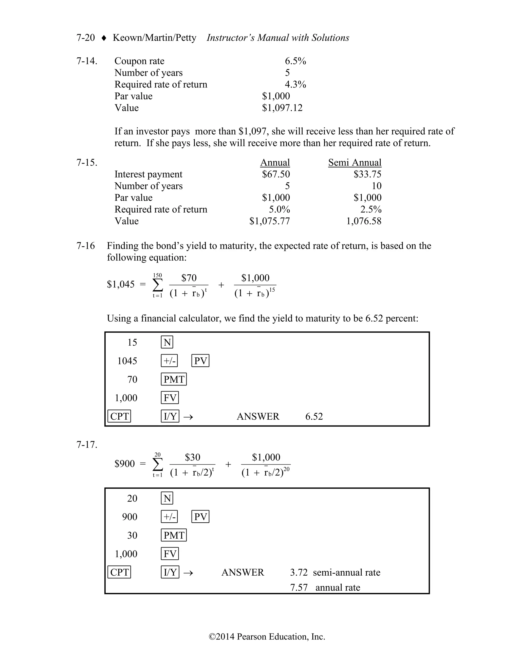 7-20  Keown/Martin/Petty Instructor’s Manual with Solutions
©2014 Pearson Education, Inc.
7-14. Coupon rate 6.5%
Number of years 5
Required rate of return 4.3%
Par value $1,000
Value $1,097.12
If an investor pays more than $1,097, she will receive less than her required rate of
return. If she pays less, she will receive more than her required rate of return.
7-15. Annual Semi Annual
Interest payment $67.50 $33.75
Number of years 5 10
Par value $1,000 $1,000
Required rate of return 5.0% 2.5%
Value $1,075.77 1,076.58
7-16 Finding the bond’s yield to maturity, the expected rate of return, is based on the
following equation:
$1,045 = 15
b
150
1
t
t
b )
r
(1
$1,000
)
r
(1
$70
+
+
+

=
Using a financial calculator, we find the yield to maturity to be 6.52 percent:
15 N
1045 +/- PV
70 PMT
1,000 FV
CPT I/Y → ANSWER 6.52
7-17.
$900 = 
= +
+
+
20
1
t
20
b
t
b /2)
r
(1
$1,000
/2)
r
(1
$30
20 N
900 +/- PV
30 PMT
1,000 FV
CPT I/Y → ANSWER 3.72 semi-annual rate
7.57 annual rate
 