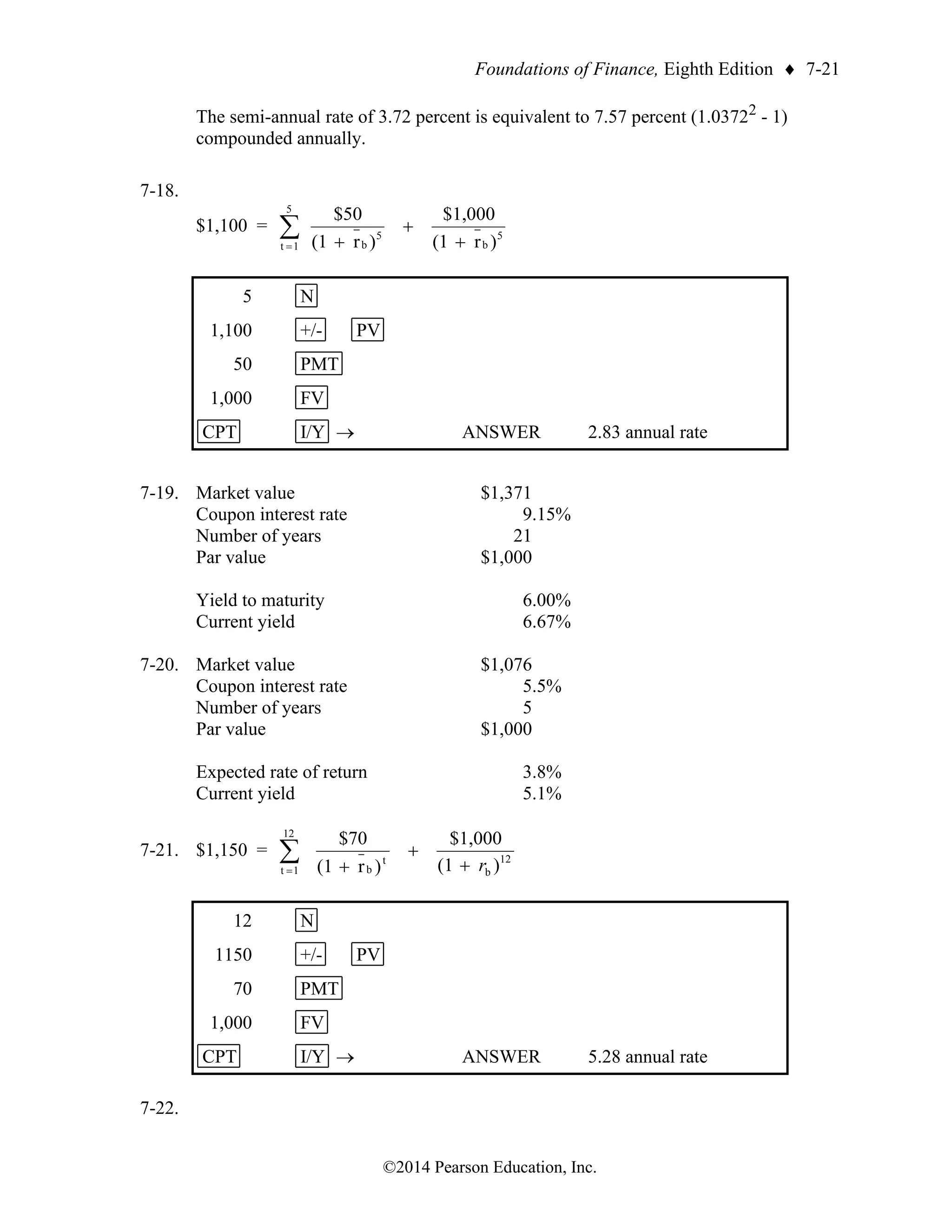 Foundations of Finance, Eighth Edition  7-21
©2014 Pearson Education, Inc.
The semi-annual rate of 3.72 percent is equivalent to 7.57 percent (1.03722
- 1)
compounded annually.
7-18.
$1,100 = 5
b
5
1
t
5
b )
r
(1
$1,000
)
r
(1
$50
+
+
+

=
5 N
1,100 +/- PV
50 PMT
1,000 FV
CPT I/Y → ANSWER 2.83 annual rate
7-19. Market value $1,371
Coupon interest rate 9.15%
Number of years 21
Par value $1,000
Yield to maturity 6.00%
Current yield 6.67%
7-20. Market value $1,076
Coupon interest rate 5.5%
Number of years 5
Par value $1,000
Expected rate of return 3.8%
Current yield 5.1%
7-21. $1,150 = 
= +
+
+
12
1
t
12
b
t
b )
(1
$1,000
)
r
(1
$70
r
12 N
1150 +/- PV
70 PMT
1,000 FV
CPT I/Y → ANSWER 5.28 annual rate
7-22.
 