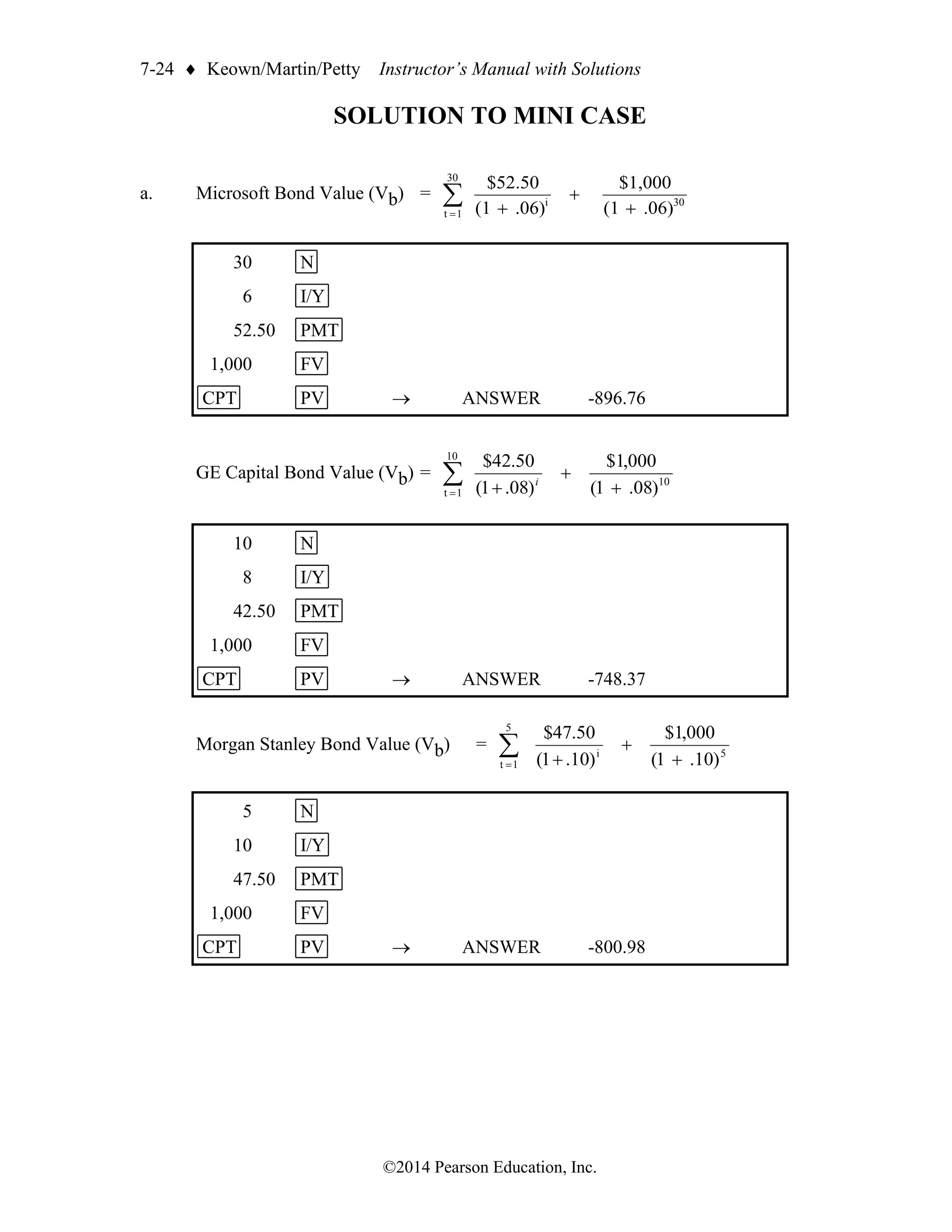 7-24  Keown/Martin/Petty Instructor’s Manual with Solutions
©2014 Pearson Education, Inc.
SOLUTION TO MINI CASE
a. Microsoft Bond Value (Vb) = 30
30
1
t
i
.06)
(1
$1,000
.06)
(1
$52.50
+
+
+

=
30 N
6 I/Y
52.50 PMT
1,000 FV
CPT PV → ANSWER -896.76
GE Capital Bond Value (Vb) = 
= +
+
+
10
1
t
10
)
08
.
1
(
000
,
1
$
)
08
.
1
(
50
.
42
$
i
10 N
8 I/Y
42.50 PMT
1,000 FV
CPT PV → ANSWER -748.37
Morgan Stanley Bond Value (Vb) = 
= +
+
+
5
1
t
5
i
)
10
.
1
(
000
,
1
$
)
10
.
1
(
50
.
47
$
5 N
10 I/Y
47.50 PMT
1,000 FV
CPT PV → ANSWER -800.98
 