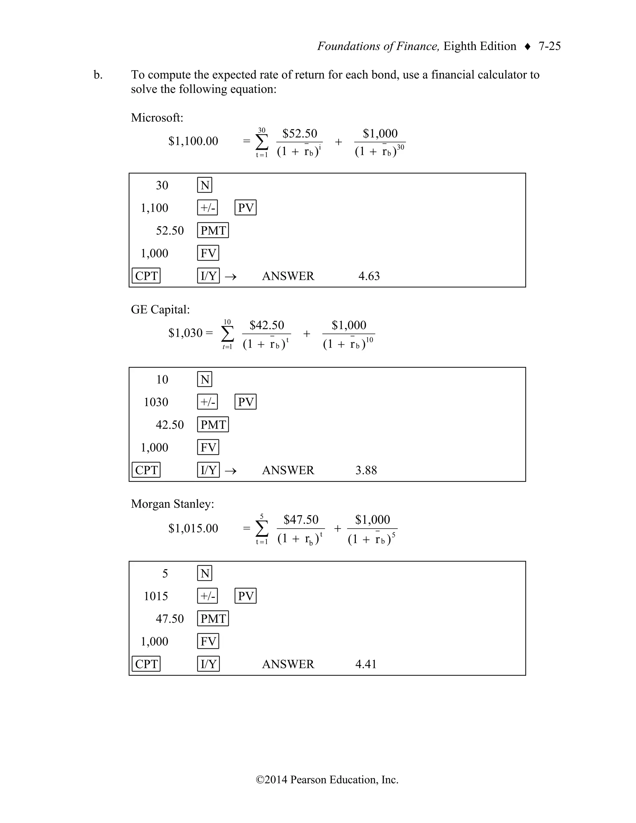 Foundations of Finance, Eighth Edition  7-25
©2014 Pearson Education, Inc.
b. To compute the expected rate of return for each bond, use a financial calculator to
solve the following equation:
Microsoft:
$1,100.00 = 30
b
30
1
t
i
b )
r
(1
$1,000
)
r
(1
$52.50
+
+
+

=
30 N
1,100 +/- PV
52.50 PMT
1,000 FV
CPT I/Y → ANSWER 4.63
GE Capital:
$1,030 = 
= +
+
+
10
1
10
b
t
b )
r
(1
$1,000
)
r
(1
$42.50
t
10 N
1030 +/- PV
42.50 PMT
1,000 FV
CPT I/Y → ANSWER 3.88
Morgan Stanley:
$1,015.00 = 
= +
+
+
5
1
t
5
b
t
b )
r
(1
$1,000
)
r
(1
$47.50
5 N
1015 +/- PV
47.50 PMT
1,000 FV
CPT I/Y ANSWER 4.41
 