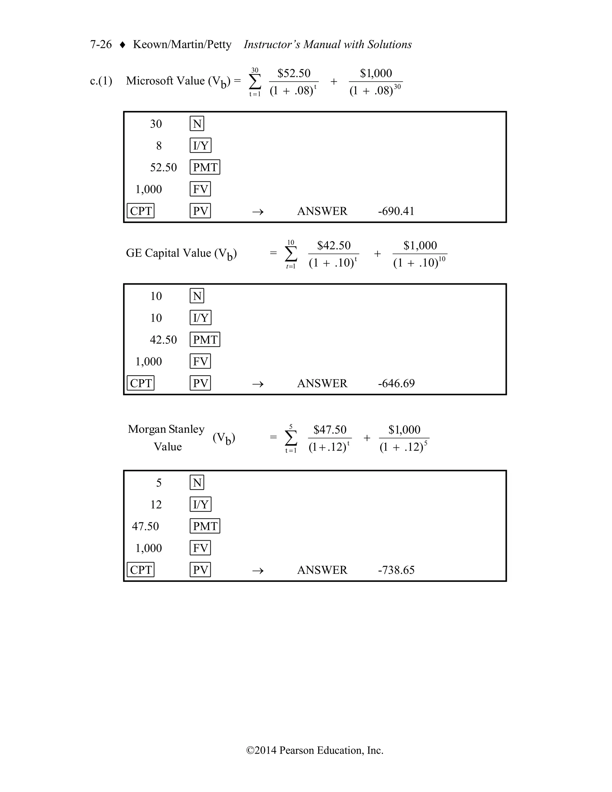 7-26  Keown/Martin/Petty Instructor’s Manual with Solutions
©2014 Pearson Education, Inc.
c.(1) Microsoft Value (Vb) = 
= +
+
+
30
1
t
30
t
)
08
.
1
(
000
,
1
$
)
08
.
1
(
50
.
52
$
30 N
8 I/Y
52.50 PMT
1,000 FV
CPT PV → ANSWER -690.41
GE Capital Value (Vb) = 
= +
+
+
10
1
10
t
.10)
(1
$1,000
.10)
(1
$42.50
t
10 N
10 I/Y
42.50 PMT
1,000 FV
CPT PV → ANSWER -646.69
Value
Stanley
Morgan
(Vb) = 
= +
+
+
5
1
t
5
t
)
12
.
1
(
000
,
1
$
)
12
.
1
(
50
.
47
$
5 N
12 I/Y
47.50 PMT
1,000 FV
CPT PV → ANSWER -738.65
 