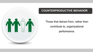 COUNTERPRODUCTIVE BEHAVIOR
Those that detract from, rather than
contribute to, organizational
performance.
 
