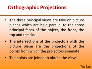 An orthographic projection consists of the view obtained view when the object is viewed from very far away, so that the resulting rays are all parallel.