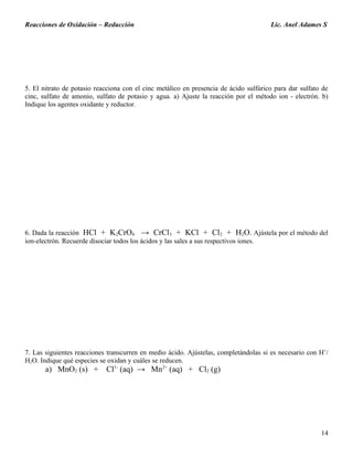 Reacciones de Oxidación – Reducción Lic. Anel Adames S
5. El nitrato de potasio reacciona con el cinc metálico en presencia de ácido sulfúrico para dar sulfato de
cinc, sulfato de amonio, sulfato de potasio y agua. a) Ajuste la reacción por el método ion - electrón. b)
Indique los agentes oxidante y reductor.
6. Dada la reacción HCl + K2CrO4 → CrCl3 + KCl + Cl2 + H2O. Ajústela por el método del
ion-electrón. Recuerde disociar todos los ácidos y las sales a sus respectivos iones.
7. Las siguientes reacciones transcurren en medio ácido. Ajústelas, completándolas si es necesario con H+
/
H2O. Indique qué especies se oxidan y cuáles se reducen.
a) MnO2 (s) + Cl1-
(aq) → Mn2+
(aq) + Cl2 (g)
14
 