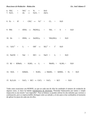 Reacciones de Oxidación – Reducción Lic. Anel Adames S
6. NH4
+
+ NO2ˉ → N2 + H2O
7. FeCl3 + Zn → FeCl2 + ZnCl2
8. Fe + H+
+ ClO4ˉ → Fe3+
+ Cl2 + H2O
9. PbS + HNO3 → Pb(NO3)2 + NO2 + S + H2O
10. Zn + HNO3 → Zn(NO3)2 + NH4(NO3) + H2O
11. S2O3
2
ˉ + I2 + OHˉ → SO4
2
ˉ + Iˉ H2O
12. NaClO + NaI + HCl → NaCl + I2 + H2O
13. KI + KMnO4 + H2SO4 → I2 + MnSO4 + K2SO4 + H2O
14. H2O2 + KMnO4 + H2SO4 → MnSO4 + KHSO4 + O2 + H2O
15. K2Cr2O7 + FeCl2 + HCl → CrCl3 + FeCl3 + KCl + H2O
Todas estas ecuaciones son REDOX, ya que en cada una de ellas ha cambiado el número de oxidación de
algunos iones, es decir ha habido transferencia de electrones. Pretender balancearlas por tanteo o simple
inspección es una misión “casi imposible”. Para su balance se pueden utilizar los dos métodos que veremos a
continuación, pero es imprescindible distinguir entre un método y el otro para evitar confundirse al momento
de aplicar los pasos de cada uno de ellos.
3
 