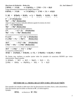 Reacciones de Oxidación – Reducción Lic. Anel Adames S
2 HNO3 + 3 CdS → Cd(NO3)2 + 2 NO + 3 S + H2O
Luego terminamos de balancear por simple inspección:
8 HNO3 + 3 CdS → 3 Cd(NO3)2 + 2 NO + 3 S + 4 H2O
2. KI + KMnO4 + H2SO4 → I2 + MnSO4 + K2SO4 + H2O
1+ 1- 1+ 7+ 2- 1+ 6+ 2- 0 2+ 6+ 2- 1+ 6+ 2- 1+ 2-
I1 –
→ I2
0
(Oxidación)
Mn7+
→ Mn2+
(Reducción)
Antes de seguir los pasos indicados debemos igualar los átomos de cloro:
2 I1 –
→ I2
0
(Oxidación)
Mn7+
→ Mn2+
(Reducción)
Aplicando los pasos del método tendremos:
2 I1 –
→ I2
0
+ 2e –
(Oxidación)
Mn7+
+ 5 e –
→ Mn2+
(Reducción)
------------------------------------------------------
5 x (2 I1 –
→ I2
0
+ 2e –
) (Oxidación)
2 x (Mn7+
+ 5 e –
→ Mn2+
) (Reducción)
----------------------------------------------------------------
10 I1 –
→ 5 I2
0
+ 10e –
(Oxidación)
2 Mn7+
+ 10 e –
→ 2 Mn2+
(Reducción)
-------------------------------------------------------
10 I1 –
+ 2 Mn7+
→ 5 I2
0
+ 2 Mn2+
La ecuación ya balanceada es:
10 KI + 2 KMnO4 + 8 H2SO4 → 5 I2 + 2 MnSO4 + 6 K2SO4 + 8 H2O
De formas muy similares se pueden ajustar todos los ejemplos de ecuaciones REDOX que vimos
anteriormente. Haga la prueba:
1) KMnO4 + HCl → KCl + MnCl2 + H2O + Cl2
2) PbS + HNO3 → Pb(NO3)2 + NO2 + S + H2O
MÉTODO DE LA MEDIA REACCIÓN O DEL IÓN-ELECTRÓN
Para entender este método se debe tener claro las disociaciones de ácidos, bases y sales (electrolitos):
Para ello tenemos que los ácidos se disocian en H+
y el anión negativo.
Ejemplo:
HNO3 se disocia en H+
. NO3
-
5
 