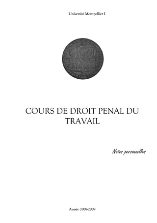 Université Montpellier I




COURS DE DROIT PENAL DU
       TRAVAIL


                                   Notes personnelles




        Année 2008-2009
 