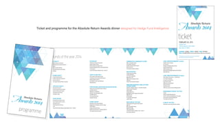 funds of the year 2014
US EQUITY
Black Diamond Thematic
Brookdale International Partners
Marlin
Menta Global Offshore
Pershing Square International
Stelliam
GLOBAL EQUITY
Citadel Global Equities
Paciﬁc & General Investments
Senvest Partners
Two Sigma Absolute Return Cayman
SPECIALIST EQUITY
Basswood Financial
Dorsal Capital Partners Master
Harvest Small Cap Partners
Perceptive Life Sciences
ZP Master Utility
EVENT DRIVEN
Greywolf Event Driven Funds
Gruss Global Investors (USD)
Pentwater Event
PSAM World Arb Partners
Sola
Sound Point Credit Opportunities Master Fund - Series B
DISTRESSED
Candlewood Special Situations
Hildene Opportunities
Mudrick Distressed Opportunity
Perella Weinberg Partners Asset Based Value
STS Partners
Sound Point Beacon Master Fund - Series A
CREDIT & HIGH YIELD
400 Capital Credit Opportunities
Candlewood Structured Credit Harvest
Hildene Opportunities II
One William Street Capital Master
Waterfall Eden
FIXED INCOME & MORTGAGE BACKED SECURITIES
Credit Suisse Securitized Products Master
LibreMax Partners
Magnetar Constellation
Premium Point Mortgage Credit
SPM MBS Agency
TIG Securitized Asset
Varadero Partners
GLOBAL MACRO
Alphadyne International Master
Bridgewater All Weather @12% Trading
CWOC Master
Graham Absolute Return
PIMCO Absolute Return Strategy (PARS) V
Two Sigma Horizon Cayman
COMMODITIES & MANAGED FUTURES
BBL Commodities Value
Fort Global Contrarian
Graham Tactical Trend Series A
Nestor Partners
Two Sigma Compass Cayman
MULTISTRATEGY
Citadel Tactical Trading
Citadel Wellington
D. E. Shaw Composite
Millennium USA
PIMCO Tactical Opportunities
SPM Core
Tilden Park Investment Master
EMERGING MANAGER & SMALLER FUND
($100M-$500M)
Abraham Trading Company - Diversiﬁed Program
Deltec Special Situations
EcoR1 Capital
Global Sigma Plus
Marblegate Special Opportunities Master
MMCAP Fund
SECOR Alpha
TCA Global Credit Master
venBio Select
NEW FUND OF THE YEAR
Alden Global CRE Opportunities Master
BAM ZIE
BBL Commodities Value
Blueshift Energy
PWP Global Macro
Sound Point Beacon Master Fund - Series A
Vinci Vernier Partners
LONG TERM PERFORMANCE (5 years)
Citadel Tactical Trading
STS Partners
Ellington Mortgage Opportunities
Glenview Opportunity
Hildene Opportunities
Metacapital Mortgage Opportunities Master
Waterfall Eden
LONG TERM PERFORMANCE (10 years)
Atlas Global Investments – Unrestricted
D. E. Shaw Composite
GS Gamma Investments
King Street Capital
Millennium International
Paloma Partners
Pine River Fund
SPM Structured Servicing Holdings Master
MANAGEMENT FIRM OF THE YEAR
Citadel
Graham Capital Management
Paciﬁc Investment Management Company
Structured Portfolio Management
Two Sigma Investments
FUND OF THE YEAR
Nominees to be announced this evening
fun
UUSS EQU
Black Dia
Brookda
Marlin
Menta G
Pershing
Stelliam
GLOBA
Citadel G
Paciﬁc &
Senvest
Two Sigm
SPECIA
Basswoo
Dorsal Ca
Harvest S
Perceptiv
ZP Maste
EVENT
Greywolf
Gruss Glo
Pentwat
PSAM W
Sola
Sound Po
programme
Absolute ReturnAwards 2014
Ticket and programme for the Absolute Return Awards dinner designed for Hedge Fund Intelligence
FEBRUARY 26, 2015
Gotham Hall
1356 Broadway at 36th Street
New York, NY 10018
Cocktails 6.00pm Dinner 7.00pm Close 10.00pm
Dress Cocktail attire (Suits & Cocktail dresses. Black tie not necessary)
ticket
Absolute Return
This ticket and a business card must be presented
at the door for entry to the Awards
Absolute Return
Awards 2014
 