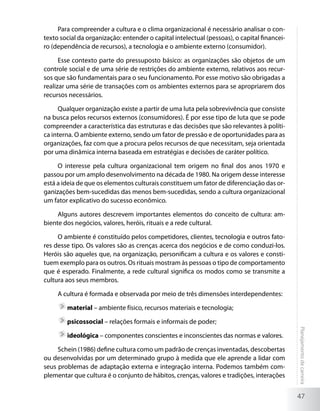 Para compreender a cultura e o clima organizacional é necessário analisar o con-
texto social da organização: entender o capital intelectual (pessoas), o capital financei-
ro (dependência de recursos), a tecnologia e o ambiente externo (consumidor).

      Esse contexto parte do pressuposto básico: as organizações são objetos de um
controle social e de uma série de restrições do ambiente externo, relativos aos recur-
sos que são fundamentais para o seu funcionamento. Por esse motivo são obrigadas a
realizar uma série de transações com os ambientes externos para se apropriarem dos
recursos necessários.

     Qualquer organização existe a partir de uma luta pela sobrevivência que consiste
na busca pelos recursos externos (consumidores). É por esse tipo de luta que se pode
compreender a característica das estruturas e das decisões que são relevantes à políti-
ca interna. O ambiente externo, sendo um fator de pressão e de oportunidades para as
organizações, faz com que a procura pelos recursos de que necessitam, seja orientada
por uma dinâmica interna baseada em estratégias e decisões de caráter político.

     O interesse pela cultura organizacional tem origem no final dos anos 1970 e
passou por um amplo desenvolvimento na década de 1980. Na origem desse interesse
está a ideia de que os elementos culturais constituem um fator de diferenciação das or-
ganizações bem-sucedidas das menos bem-sucedidas, sendo a cultura organizacional
um fator explicativo do sucesso econômico.

     Alguns autores descrevem importantes elementos do conceito de cultura: am-
biente dos negócios, valores, heróis, rituais e a rede cultural.

     O ambiente é constituído pelos competidores, clientes, tecnologia e outros fato-
res desse tipo. Os valores são as crenças acerca dos negócios e de como conduzi-los.
Heróis são aqueles que, na organização, personificam a cultura e os valores e consti-
tuem exemplo para os outros. Os rituais mostram às pessoas o tipo de comportamento
que é esperado. Finalmente, a rede cultural significa os modos como se transmite a
cultura aos seus membros.

     A cultura é formada e observada por meio de três dimensões interdependentes:

        	material – ambiente físico, recursos materiais e tecnologia;

        	psicossocial – relações formais e informais de poder;
                                                                                             Planejamento de carreira




        	ideológica – componentes conscientes e inconscientes das normas e valores.

     Schein (1986) define cultura como um padrão de crenças inventadas, descobertas
ou desenvolvidas por um determinado grupo à medida que ele aprende a lidar com
seus problemas de adaptação externa e integração interna. Podemos também com-
plementar que cultura é o conjunto de hábitos, crenças, valores e tradições, interações


                                                                                             47
 