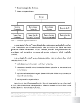 descentralização das decisões;

             	ênfase na especialização.


                                                                   Diretor




       Gerente                              Gerente de                             Gerente de
                                                                                                                       Gerente de RH
      Financeiro                            Produção                                Vendas


      Supervisor                         Supervisor de                         Supervisor de                           Supervisor de
      Financeiro                       Linha de Produção                      Equipe de Vendas                             RH
Figura 2 – Exemplo de organização funcional.


     A organização linha-staff é a combinação dos modelos de organização linear e fun-
cional. Está baseada nas vantagens dos dois tipos de organizações. Nesse tipo de or-
ganização existem características linear e funcional, reunidas para proporcionar uma
organização mais completa e complexa, cuja grande vantagem é atingir resultados
positivos.

     A organização linha-staff apresenta características mais complexas. Suas princi-
pais características são:

             	fusão da estrutura linear com a estrutura funcional;

             	coexistência entre as linhas formais de comunicação com as linhas diretas de
              comunicação;

             	separação entre cargos ou órgãos operacionais (executivos) e órgãos de apoio
              e suporte (assessores);

             	hierarquia versus especialização.
                                                                                                                                                      Planejamento de carreira




     Após termos identificados os diferentes tipos de organização formal, vejam quais
as principais características da organização informal, baseada nos conceitos funda-
mentais da Teoria das Relações Humanas2.


2
  A Teoria das Relações Humanas tem suas origens nos Estados Unidos, como resultado das experiências de Elton Mayo, denominadas Experiências de Ha-
wthorne. Originaram-se quando Mayo percebeu a necessidade de tornar a administração mais humana e democrática e quanto as ciências humanas influen-
ciaram as organizações (DANTAS, 2008).


                                                                                                                                                      51
 