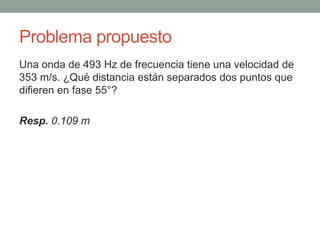 Problema propuesto
Una onda de 493 Hz de frecuencia tiene una velocidad de
353 m/s. ¿Qué distancia están separados dos puntos que
difieren en fase 55°?
Resp. 0.109 m
 