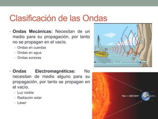 Clasificación de las Ondas
• Ondas Mecánicas: Necesitan de un
medio para su propagación, por tanto
no se propagan en el vacío.
• Ondas en cuerdas
• Ondas en agua
• Ondas sonoras
• Ondas Electromagnéticas: No
necesitan de medio alguno para su
propagación, por tanto se propagan en
el vacío.
• Luz visible
• Radiación solar
• Láser
 
