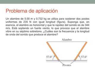 Problema de aplicación
Un alambre de 5.00 m y 0.732 kg se utiliza para sostener dos postes
uniformes de 235 N con igual longitud (figura). Suponga que, en
esencia, el alambre es horizontal y que la rapidez del sonido es de 344
m/s. Está soplando un fuerte viento, lo que provoca que el alambre
vibre en su séptimo sobretono. ¿Cuáles son la frecuencia y la longitud
de onda del sonido que produce el alambre?
 