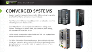CONVERGED SYSTEMS
VMware brought virtualization to commodity x86 computing, bringing the
benefits of mainframes to lesser expensive hardware.
Fibre Channel over Ethernet allowed datacenters to reduce the amount of
networking devices in the datacenter.
Cisco UCS platforms had decoupled various hardware settings from
systems, allowing you to replace WWN, MAC addresses, BIOS settings,
etc. to a new node either hot or cold
Unified storage systems such as NetApp FAS and EMC VNX allowed for all
storage protocols under one system.
This led to the concept of converged systems, where compute, network,
storage and hypervisor systems were combined under a validated model,
giving the customer one number to call for support, or known as “one
throat to choke.”
 