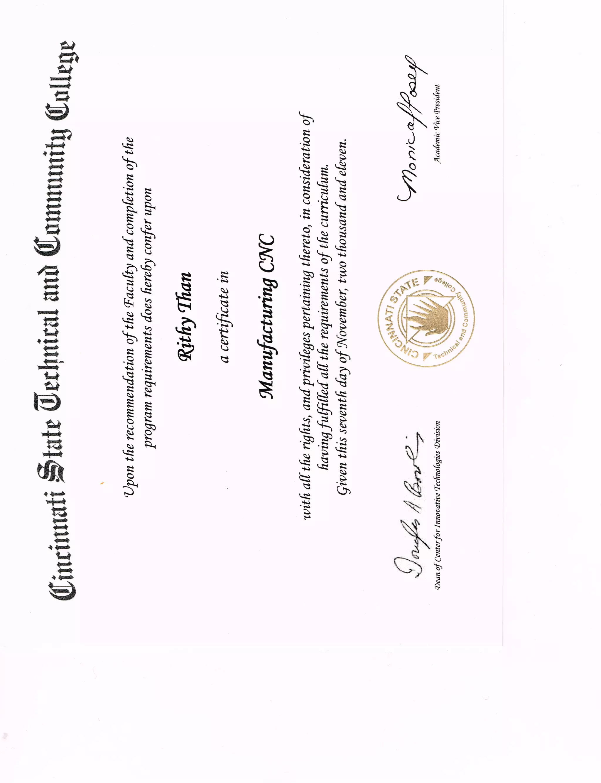 Rithy Than's Manufacturing CNC Certificate | PDF