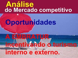 Análise do Mercado competitivo Oportunidades A EMBRATUR incentivando o turismo interno e externo. 