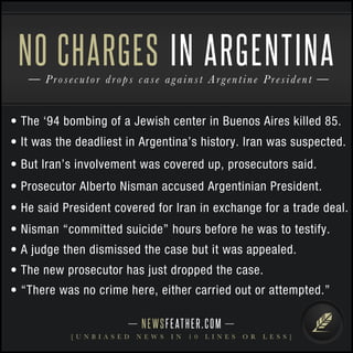 • The ‘94 bombing of a Jewish center in Buenos Aires killed 85.
• It was the deadliest in Argentina’s history. Iran was suspected.
• But Iran’s involvement was covered up, prosecutors said.
• Prosecutor Alberto Nisman accused Argentinian President.
• He said President covered for Iran in exchange for a trade deal.
• Nisman “committed suicide” hours before he was to testify.
• A judge then dismissed the case but it was appealed.
NEWSFEATHER.COM
[ U N B I A S E D N E W S I N 1 0 L I N E S O R L E S S ]
Prosecutor drops case against Argentine President
NO CHARGES IN ARGENTINA
• The new prosecutor has just dropped the case.
• “There was no crime here, either carried out or attempted.”
 