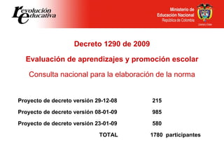 Decreto 1290 de 2009 Evaluación de aprendizajes y promoción escolar Consulta nacional para la elaboración de la norma Proy...