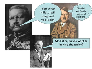 I don’t trust                I’ll rather
                            wait for the
Hitler…I will               next set of
  reappoint                  elections
 von Papen




            Mr. Hitler, do you want to
               be vice-chancellor?
 