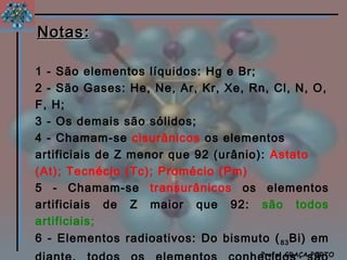 Notas :

1 - São elementos líquidos: Hg e Br;
2 - São Gases: He, Ne, Ar, Kr, Xe, Rn, Cl, N, O,
F, H;
3 - Os demais são sólidos;
4 - Chamam-se cisurânicos os elementos
artificiais de Z menor que 92 (urânio): Astato
(At); Tecnécio (Tc); Promécio (Pm)
5 - Chamam-se transurânicos os elementos
artificiais de Z maior que 92: são todos
artificiais;
6 - Elementos radioativos: Do bismuto ( 83 Bi) em
                                               Química
                                      Profa. GRAÇA PORTO
 