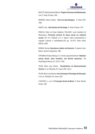 69PSICOLOGIA E EDUCAÇÃO | Educação a Distância
MICOTTI,MariaCecíliadeOlliveira. PiageteoProcessodeAlfabetização.
2.ed. S. Paulo: Pioneira, 1987.
MOREIRA, Marco Antônio. Teoria de Aprendizagem. S. Paulo: EPU,
1999.
PIAGET Jean. Seis Estudos de Psicologia. S. Paulo: Forense, 1971.
PADILHA, Maria da Graça Saldanha; WILLIAMS, Lucia Cavalcanti de
Albuquerque. Prevenção primária de abuso sexual em ambiente
escolar. Em: H.H. Guilhardi e N. C. Aguirre. Sobre comportamento e
cognição: Expondo a variabilidade.(v.18) (pp. 133-137). Santo André:
ESETec; 2006.
SIDMAN, Murray. Equivalence relation and behavior: A research story.
Boston: Authors Cooperative; 1998.
STROMER, Richard; Mackay, H. A. Human sequential behavior: Relations
among stimuli, class formation, and derived sequences. The
Psychological Record, 43, 107-131; 1993.
TELES, Maria Luíza Silveira. Psicodinâmica do Desenvolvimento
Humano. 9. ed. Petrópolis, RJ: Vozes, 2001. Cap II.
TELES, Maria Luiza Silveira. Uma introdução à Psicologia da Educação.
9. ed. rev. Petrópolis, RJ: Vozes, 2001.
VYGOTSKY, L. Lev S. A Formação Social da Mente. S. Paulo: Martins
Fontes, 1987.
 
