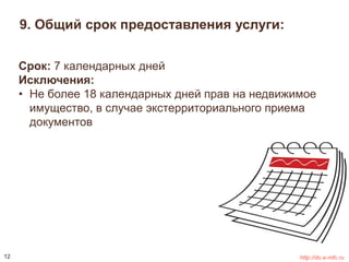9. Общий срок предоставления услуги: 
Срок: 7 календарных дней 
Исключения: 
• Не более 18 календарных дней прав на недвижимое 
имущество, в случае экстерриториального приема 
документов 
12 http://do.e-mfc.ru 
 
