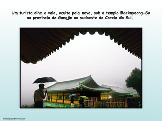 holdemqueen@hotmail.com
Um turista olha o vale, oculto pela neve, sob o templo Baeknyeong-Sa
na província de Gangjin no sudoeste da Coreia do Sul.
 