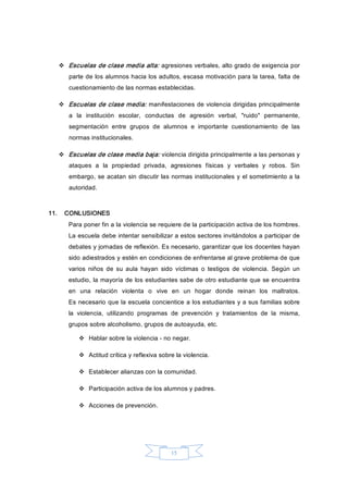 15 
v  Escuelas de clase media alta: agresiones verbales, alto grado de exigencia por 
parte de los alumnos hacia los adultos, escasa motivación para la tarea, falta de 
cuestionamiento de las normas establecidas. 
v  Escuelas de clase media: manifestaciones de violencia dirigidas principalmente 
a  la  institución  escolar,  conductas  de  agresión  verbal,  "ruido"  permanente, 
segmentación  entre  grupos  de  alumnos  e  importante  cuestionamiento  de  las 
normas institucionales. 
v  Escuelas de clase media baja: violencia dirigida principalmente a las personas y 
ataques  a  la  propiedad  privada,  agresiones  físicas  y  verbales  y  robos.  Sin 
embargo, se acatan sin discutir las normas institucionales y el sometimiento a la 
autoridad. 
11.  CONLUSIONES 
Para poner fin a la violencia se requiere de la participación activa de los hombres. 
La escuela debe intentar sensibilizar a estos sectores invitándolos a participar de 
debates y jornadas de reflexión. Es necesario, garantizar que los docentes hayan 
sido adiestrados y estén en condiciones de enfrentarse al grave problema de que 
varios  niños  de  su  aula  hayan  sido  víctimas  o  testigos  de  violencia.  Según  un 
estudio, la mayoría de los estudiantes sabe de otro estudiante que se encuentra 
en  una  relación  violenta  o  vive  en  un  hogar  donde  reinan  los  maltratos. 
Es necesario que la escuela concientice a los estudiantes y a sus familias sobre 
la  violencia,  utilizando  programas  de  prevención  y  tratamientos  de  la  misma, 
grupos sobre alcoholismo, grupos de autoayuda, etc. 
v  Hablar sobre la violencia ­ no negar. 
v  Actitud crítica y reflexiva sobre la violencia. 
v  Establecer alianzas con la comunidad. 
v  Participación activa de los alumnos y padres. 
v  Acciones de prevención.
 