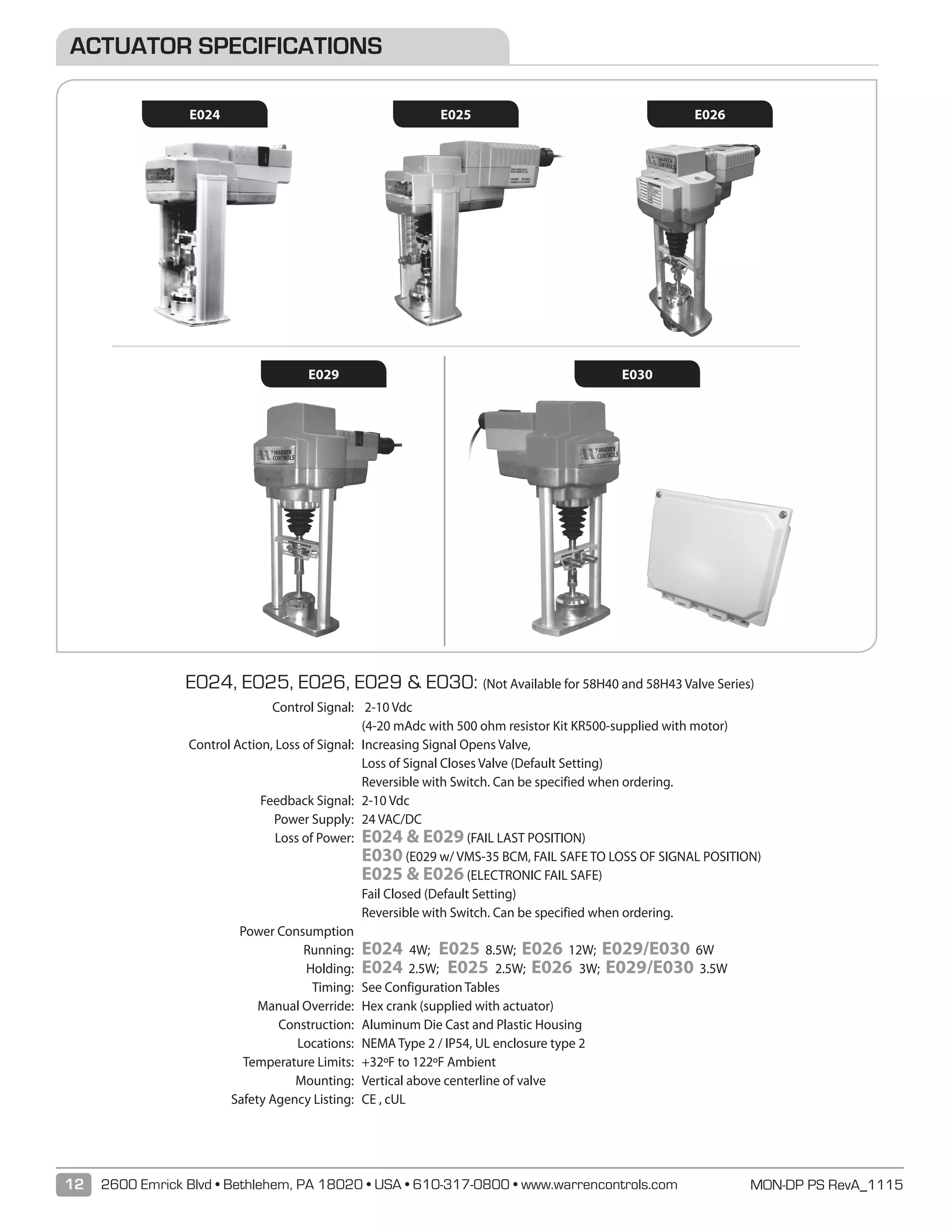MON-DP PS RevA_111512 2600 Emrick Blvd • Bethlehem, PA 18020 • USA • 610-317-0800 • www.warrencontrols.com
E024, E025, E026, E029  E030: (Not Available for 58H40 and 58H43 Valve Series)
	 Control Signal:	 2-10 Vdc		
		 (4-20 mAdc with 500 ohm resistor Kit KR500-supplied with motor)
	Control Action, Loss of Signal:	 Increasing Signal Opens Valve,
		 Loss of Signal Closes Valve (Default Setting)
		 Reversible with Switch. Can be specified when ordering.
	 Feedback Signal:	 2-10 Vdc
	 Power Supply:	 24 VAC/DC
	 Loss of Power:	 E024  E029 (FAIL LAST POSITION)
		E030 (E029 w/ VMS-35 BCM, FAIL SAFE TO LOSS OF SIGNAL POSITION)
		E025  E026 (ELECTRONIC FAIL SAFE)
		 Fail Closed (Default Setting)
		 Reversible with Switch. Can be specified when ordering.
	 Power Consumption	
	 Running:	 E024 4W; E025 8.5W; E026 12W; E029/E030 6W
	 Holding:	 E024 2.5W; E025 2.5W; E026 3W; E029/E030 3.5W
	 Timing:	 See Configuration Tables
	 Manual Override:	 Hex crank (supplied with actuator)
	 Construction:	 Aluminum Die Cast and Plastic Housing
	 Locations:	 NEMA Type 2 / IP54, UL enclosure type 2
	 Temperature Limits:	 +32ºF to 122ºF Ambient
	 Mounting:	 Vertical above centerline of valve
	 Safety Agency Listing:	 CE , cUL
ACTUATOR SPECIFICATIONS
E024 E026E025
E030E029
 