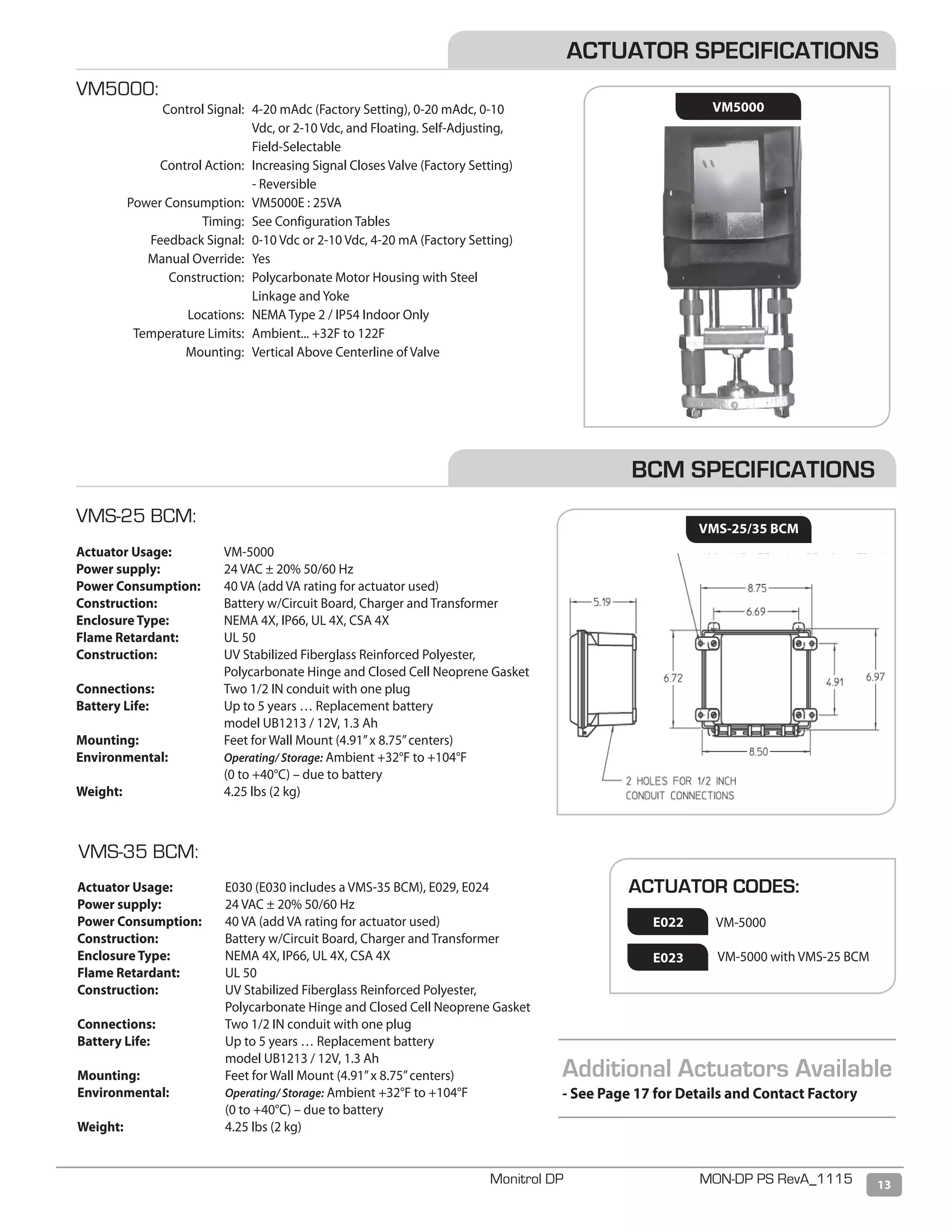 13Monitrol DP MON-DP PS RevA_1115
ACTUATOR SPECIFICATIONS
VM5000:
	 Control Signal: 	4-20 mAdc (Factory Setting), 0-20 mAdc, 0-10
Vdc, or 2-10 Vdc, and Floating. Self-Adjusting,
Field-Selectable
	 Control Action:	 Increasing Signal Closes Valve (Factory Setting)
		 - Reversible
	 Power Consumption: 	VM5000E : 25VA
	 Timing:	 See Configuration Tables
	 Feedback Signal: 	0-10 Vdc or 2-10 Vdc, 4-20 mA (Factory Setting)
	 Manual Override: 	Yes
	 Construction: 	Polycarbonate Motor Housing with Steel
Linkage and Yoke
	 Locations: 	NEMA Type 2 / IP54 Indoor Only
	 Temperature Limits: 	Ambient... +32F to 122F
	 Mounting:	 Vertical Above Centerline of Valve
VM5000
Actuator Usage:	 E030 (E030 includes a VMS-35 BCM), E029, E024
Power supply:	 24 VAC ± 20% 50/60 Hz
Power Consumption:	 40 VA (add VA rating for actuator used)
Construction: 	 Battery w/Circuit Board, Charger and Transformer
Enclosure Type: 	 NEMA 4X, IP66, UL 4X, CSA 4X
Flame Retardant:	 UL 50
Construction: 	 UV Stabilized Fiberglass Reinforced Polyester,
	 Polycarbonate Hinge and Closed Cell Neoprene Gasket
Connections: 	 Two 1/2 IN conduit with one plug
Battery Life:	 Up to 5 years … Replacement battery
	 model UB1213 / 12V, 1.3 Ah
Mounting: 	 Feet for Wall Mount (4.91”x 8.75”centers)
Environmental: 	 Operating/ Storage: Ambient +32°F to +104°F
	 (0 to +40°C) – due to battery
Weight: 	 4.25 lbs (2 kg)
BCM SPECIFICATIONS
VMS-35 BCM:
VMS-25/35 BCM
VMS-25 BCM:
Actuator Usage:	 VM-5000
Power supply:	 24 VAC ± 20% 50/60 Hz
Power Consumption:	 40 VA (add VA rating for actuator used)
Construction: 	 Battery w/Circuit Board, Charger and Transformer
Enclosure Type: 	 NEMA 4X, IP66, UL 4X, CSA 4X
Flame Retardant:	 UL 50
Construction: 	 UV Stabilized Fiberglass Reinforced Polyester,
	 Polycarbonate Hinge and Closed Cell Neoprene Gasket
Connections: 	 Two 1/2 IN conduit with one plug
Battery Life:	 Up to 5 years … Replacement battery
	 model UB1213 / 12V, 1.3 Ah
Mounting: 	 Feet for Wall Mount (4.91”x 8.75”centers)
Environmental: 	 Operating/ Storage: Ambient +32°F to +104°F
	 (0 to +40°C) – due to battery
Weight: 	 4.25 lbs (2 kg)
ACTUATOR CODES:
	 VM-5000
	 VM-5000 with VMS-25 BCM
E022
E023
Additional Actuators Available
- See Page 17 for Details and Contact Factory
 