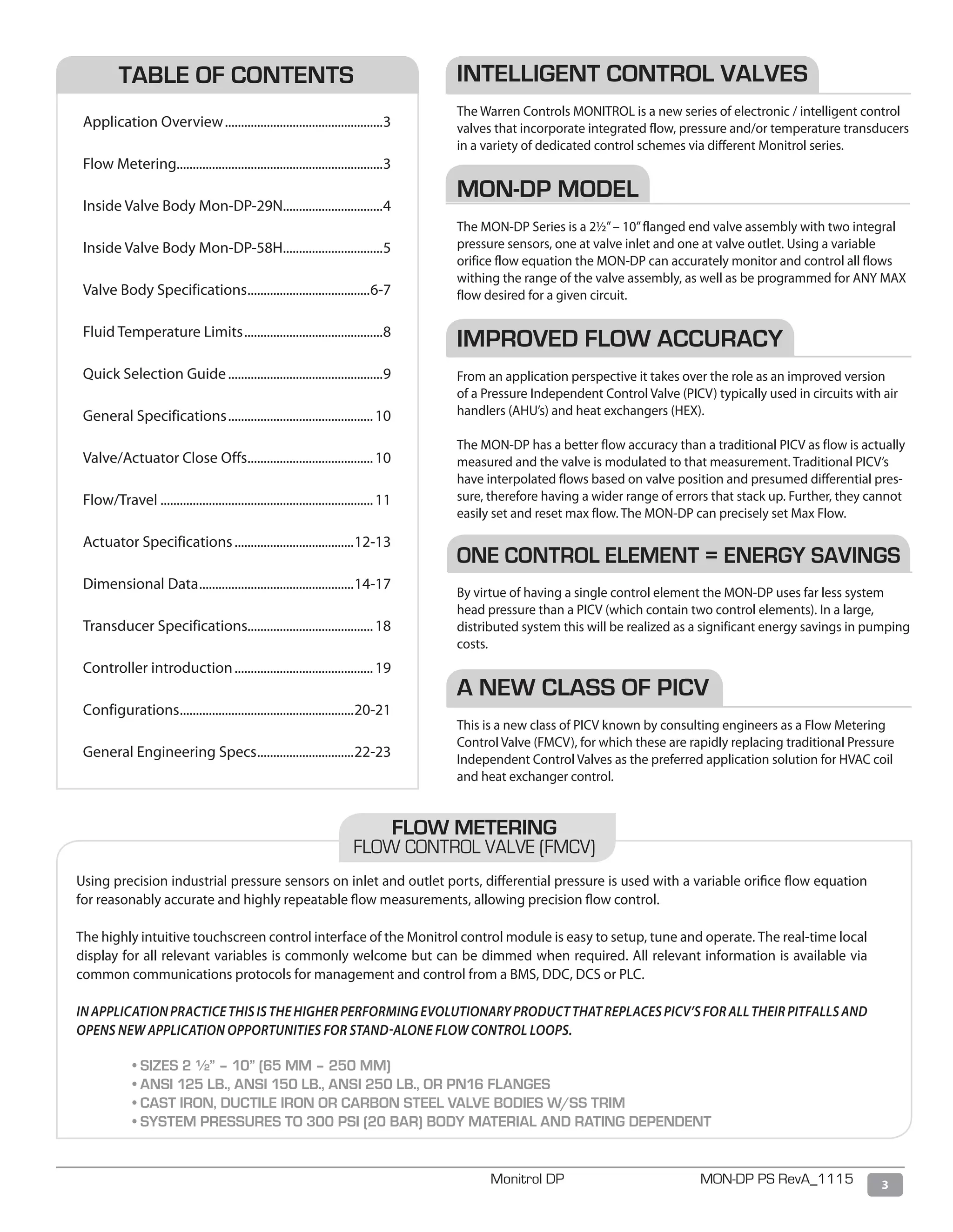 3Monitrol DP MON-DP PS RevA_1115
Using precision industrial pressure sensors on inlet and outlet ports, differential pressure is used with a variable orifice flow equation
for reasonably accurate and highly repeatable flow measurements, allowing precision flow control.
The highly intuitive touchscreen control interface of the Monitrol control module is easy to setup, tune and operate. The real-time local
display for all relevant variables is commonly welcome but can be dimmed when required. All relevant information is available via
common communications protocols for management and control from a BMS, DDC, DCS or PLC.
INAPPLICATIONPRACTICETHISISTHEHIGHERPERFORMINGEVOLUTIONARYPRODUCTTHATREPLACESPICV’SFORALLTHEIRPITFALLSAND
OPENS NEW APPLICATION OPPORTUNITIES FOR STAND-ALONE FLOW CONTROL LOOPS.
	 • SIZES 2 ½” – 10” (65 MM – 250 MM)
	 • ANSI 125 LB., ANSI 150 LB., ANSI 250 LB., OR PN16 FLANGES
	 • CAST IRON, DUCTILE IRON OR CARBON STEEL VALVE BODIES W/SS TRIM
	 • SYSTEM PRESSURES TO 300 PSI (20 BAR) BODY MATERIAL AND RATING DEPENDENT
FLOW METERING
FLOW CONTROL VALVE (FMCV)
INTELLIGENT CONTROL VALVES
The Warren Controls MONITROL is a new series of electronic / intelligent control
valves that incorporate integrated flow, pressure and/or temperature transducers
in a variety of dedicated control schemes via different Monitrol series.
MON-DP MODEL
The MON-DP Series is a 2½”– 10”flanged end valve assembly with two integral
pressure sensors, one at valve inlet and one at valve outlet. Using a variable
orifice flow equation the MON-DP can accurately monitor and control all flows
withing the range of the valve assembly, as well as be programmed for ANY MAX
flow desired for a given circuit.
IMPROVED FLOW ACCURACY
From an application perspective it takes over the role as an improved version
of a Pressure Independent Control Valve (PICV) typically used in circuits with air
handlers (AHU’s) and heat exchangers (HEX).
The MON-DP has a better flow accuracy than a traditional PICV as flow is actually
measured and the valve is modulated to that measurement. Traditional PICV’s
have interpolated flows based on valve position and presumed differential pres-
sure, therefore having a wider range of errors that stack up. Further, they cannot
easily set and reset max flow. The MON-DP can precisely set Max Flow.
ONE CONTROL ELEMENT = ENERGY SAVINGS
By virtue of having a single control element the MON-DP uses far less system
head pressure than a PICV (which contain two control elements). In a large,
distributed system this will be realized as a significant energy savings in pumping
costs.
A NEW CLASS OF PICV
This is a new class of PICV known by consulting engineers as a Flow Metering
Control Valve (FMCV), for which these are rapidly replacing traditional Pressure
Independent Control Valves as the preferred application solution for HVAC coil
and heat exchanger control.
TABLE OF CONTENTS
Application Overview..................................................3
Flow Metering................................................................3
Inside Valve Body Mon-DP-29N...............................4
Inside Valve Body Mon-DP-58H................................5
Valve Body Specifications.......................................6-7
Fluid Temperature Limits............................................8
Quick Selection Guide.................................................9
General Specifications..............................................10
Valve/Actuator Close Offs........................................10
Flow/Travel...................................................................11
Actuator Specifications......................................12-13
Dimensional Data.................................................14-17
Transducer Specifications.......................................18
Controller introduction............................................19
Configurations.......................................................20-21
General Engineering Specs...............................22-23
 
