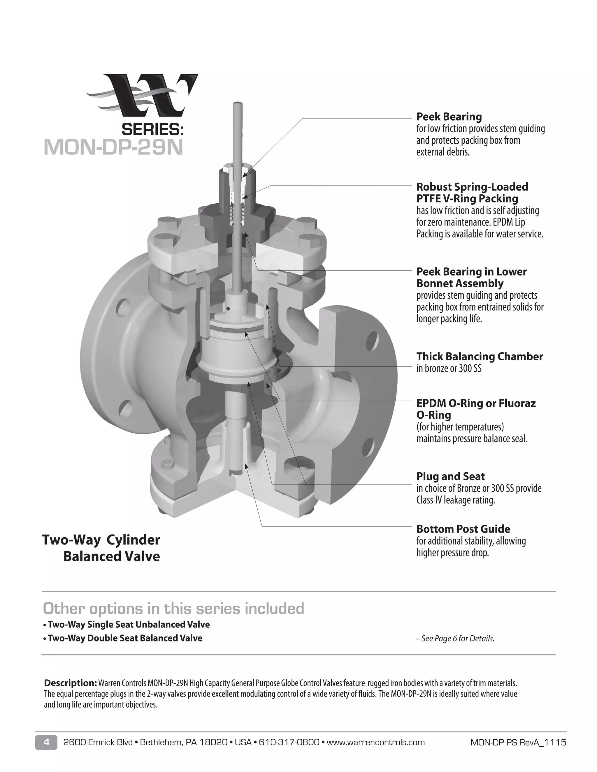 MON-DP PS RevA_11154 2600 Emrick Blvd • Bethlehem, PA 18020 • USA • 610-317-0800 • www.warrencontrols.com
Peek Bearing
for low friction provides stem guiding
and protects packing box from
external debris.
Robust Spring-Loaded
PTFE V-Ring Packing
has low friction and is self adjusting
for zero maintenance. EPDM Lip
Packing is available for water service.
Peek Bearing in Lower
Bonnet Assembly
provides stem guiding and protects
packing box from entrained solids for
longer packing life.
Thick Balancing Chamber
in bronze or 300 SS
EPDM O-Ring or Fluoraz
O-Ring
(for higher temperatures)
maintains pressure balance seal.
Plug and Seat
in choice of Bronze or 300 SS provide
Class IV leakage rating.
Bottom Post Guide
for additional stability, allowing
higher pressure drop.
SERIES:
MON-DP-29N
Description:WarrenControlsMON-DP-29NHighCapacityGeneralPurposeGlobeControlValvesfeature ruggedironbodieswithavarietyoftrimmaterials.
The equal percentage plugs in the 2-way valves provide excellent modulating control of a wide variety of fluids. The MON-DP-29N is ideally suited where value
and long life are important objectives.
Two-Way Cylinder
Balanced Valve
Other options in this series included
• Two-Way Single Seat Unbalanced Valve
• Two-Way Double Seat Balanced Valve						 – See Page 6 for Details.
 