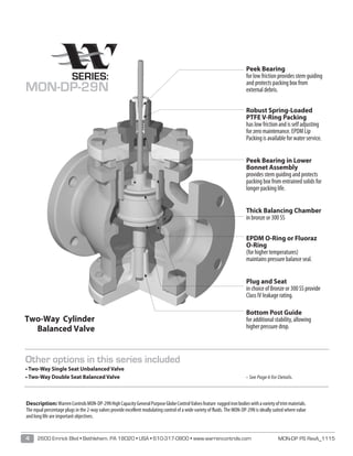 MON-DP PS RevA_11154 2600 Emrick Blvd • Bethlehem, PA 18020 • USA • 610-317-0800 • www.warrencontrols.com
Peek Bearing
for low friction provides stem guiding
and protects packing box from
external debris.
Robust Spring-Loaded
PTFE V-Ring Packing
has low friction and is self adjusting
for zero maintenance. EPDM Lip
Packing is available for water service.
Peek Bearing in Lower
Bonnet Assembly
provides stem guiding and protects
packing box from entrained solids for
longer packing life.
Thick Balancing Chamber
in bronze or 300 SS
EPDM O-Ring or Fluoraz
O-Ring
(for higher temperatures)
maintains pressure balance seal.
Plug and Seat
in choice of Bronze or 300 SS provide
Class IV leakage rating.
Bottom Post Guide
for additional stability, allowing
higher pressure drop.
SERIES:
MON-DP-29N
Description:WarrenControlsMON-DP-29NHighCapacityGeneralPurposeGlobeControlValvesfeature ruggedironbodieswithavarietyoftrimmaterials.
The equal percentage plugs in the 2-way valves provide excellent modulating control of a wide variety of fluids. The MON-DP-29N is ideally suited where value
and long life are important objectives.
Two-Way Cylinder
Balanced Valve
Other options in this series included
• Two-Way Single Seat Unbalanced Valve
• Two-Way Double Seat Balanced Valve						 – See Page 6 for Details.
 