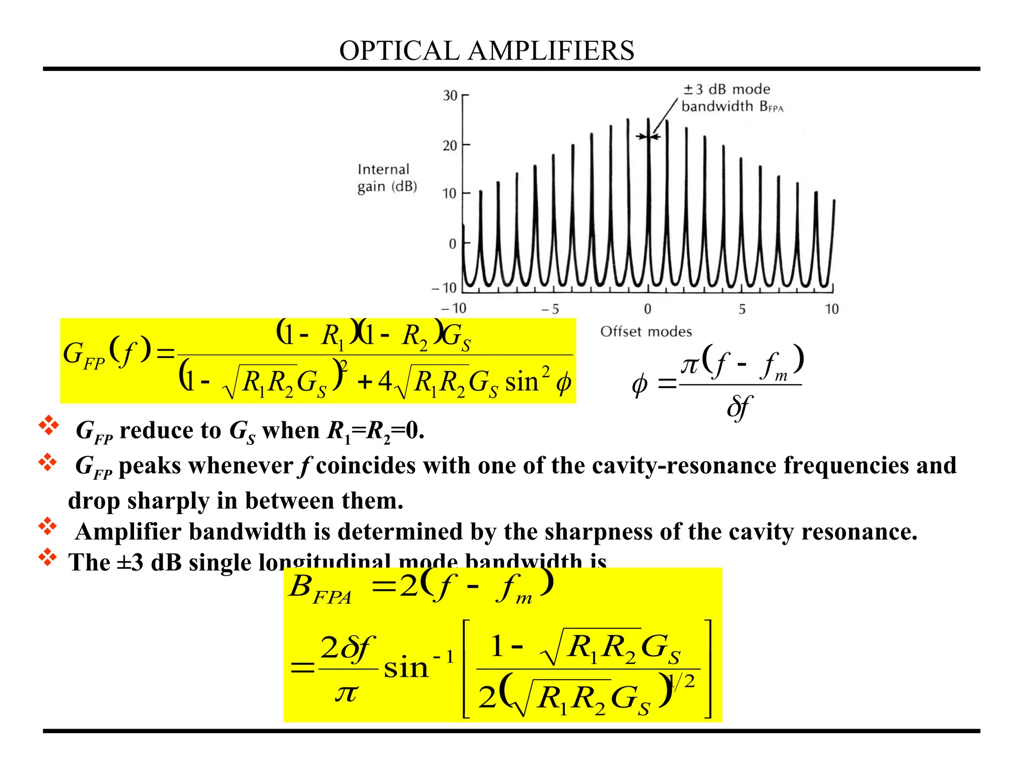 OPTICAL AMPLIFIERS
 GFP reduce to GS when R1=R2=0.
 GFP peaks whenever f coincides with one of the cavity-resonance frequencies and
drop sharply in between them.
 Amplifier bandwidth is determined by the sharpness of the cavity resonance.
 The ±3 dB single longitudinal mode bandwidth is
 
  






 




2
1
2
1
2
1
1
2
1
sin
2
2
S
S
m
FPA
G
R
R
G
R
R
f
f
f
B


    
  
2
2
1
2
2
1
2
1
sin
4
1
1
1
S
S
S
FP
G
R
R
G
R
R
G
R
R
f
G




  
f
f
f m





 