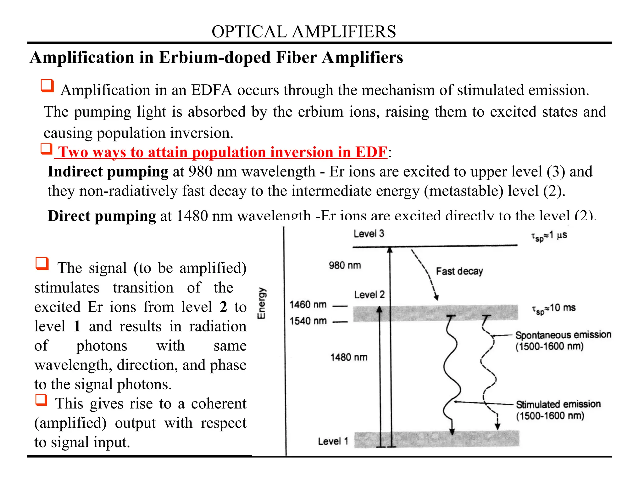 OPTICAL AMPLIFIERS
Amplification in Erbium-doped Fiber Amplifiers
 Amplification in an EDFA occurs through the mechanism of stimulated emission.
The pumping light is absorbed by the erbium ions, raising them to excited states and
causing population inversion.
 Two ways to attain population inversion in EDF:
Indirect pumping at 980 nm wavelength - Er ions are excited to upper level (3) and
they non-radiatively fast decay to the intermediate energy (metastable) level (2).
Direct pumping at 1480 nm wavelength -Er ions are excited directly to the level (2).
 The signal (to be amplified)
stimulates transition of the
excited Er ions from level 2 to
level 1 and results in radiation
of photons with same
wavelength, direction, and phase
to the signal photons.
 This gives rise to a coherent
(amplified) output with respect
to signal input.
 