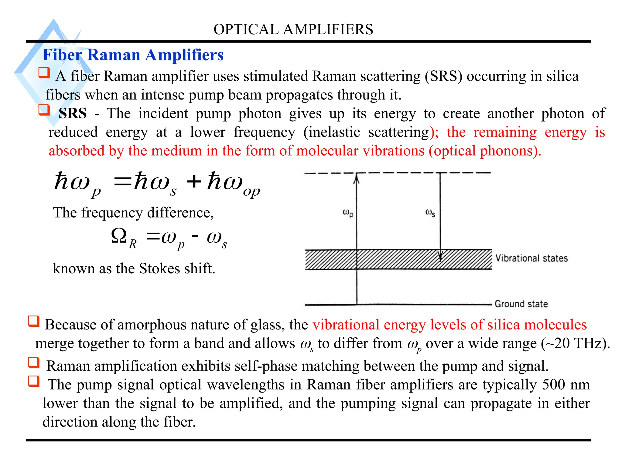 OPTICAL AMPLIFIERS
Fiber Raman Amplifiers
 A fiber Raman amplifier uses stimulated Raman scattering (SRS) occurring in silica
fibers when an intense pump beam propagates through it.
 SRS - The incident pump photon gives up its energy to create another photon of
reduced energy at a lower frequency (inelastic scattering); the remaining energy is
absorbed by the medium in the form of molecular vibrations (optical phonons).
op
s
p 

 

 

The frequency difference,
known as the Stokes shift.
s
p
R 
 


 Because of amorphous nature of glass, the vibrational energy levels of silica molecules
merge together to form a band and allows s to differ from p over a wide range (~20 THz).
 Raman amplification exhibits self-phase matching between the pump and signal.
 The pump signal optical wavelengths in Raman fiber amplifiers are typically 500 nm
lower than the signal to be amplified, and the pumping signal can propagate in either
direction along the fiber.
 